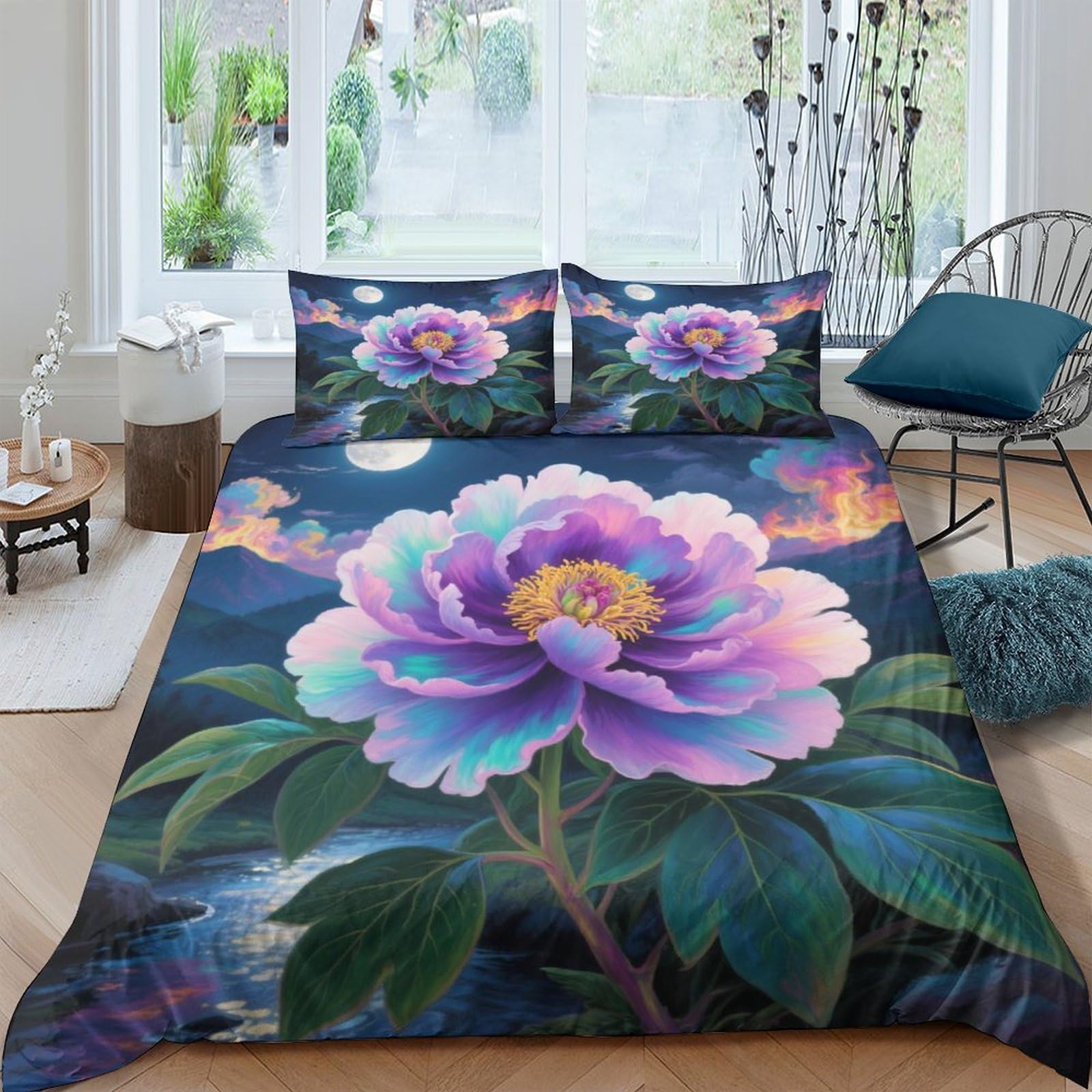 Housse de couette pivoine 3D 200x200cm en microfibre douce avec deux taies