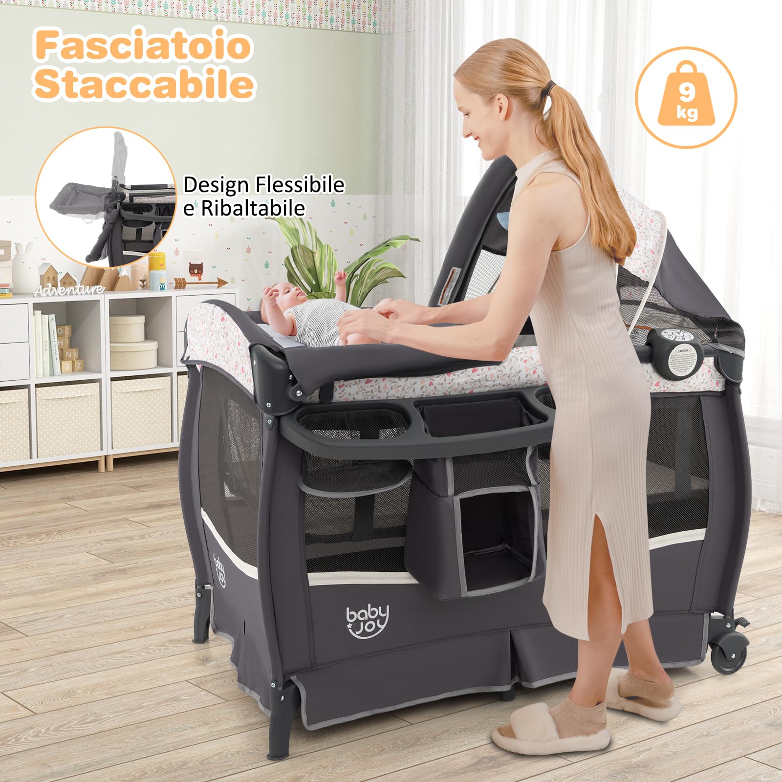 GYMAX Lettino Pieghevole con Baldacchino Regolabile, Box per Bambini 0-3 Anni, Carillon Musicale, Ruote Bloccabili, Lettino da Viaggio con Culla, Fasciatoio, Materasso e Borsa da Trasporto (Marrone)
