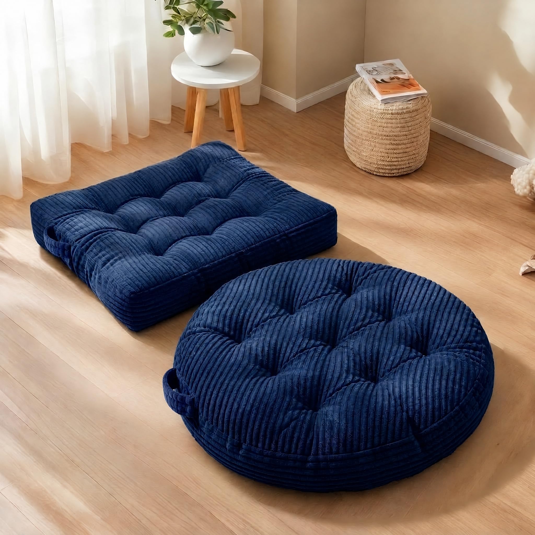 LiveGo Floor Cushion Pillow Set of 2 – Large Round & Square Floor Pillows for Adults, Tufted Corduroy Meditation Cushions for Living Room, Yoga, Tatami & Fireplace, 50x50 cm (Navy blue C)