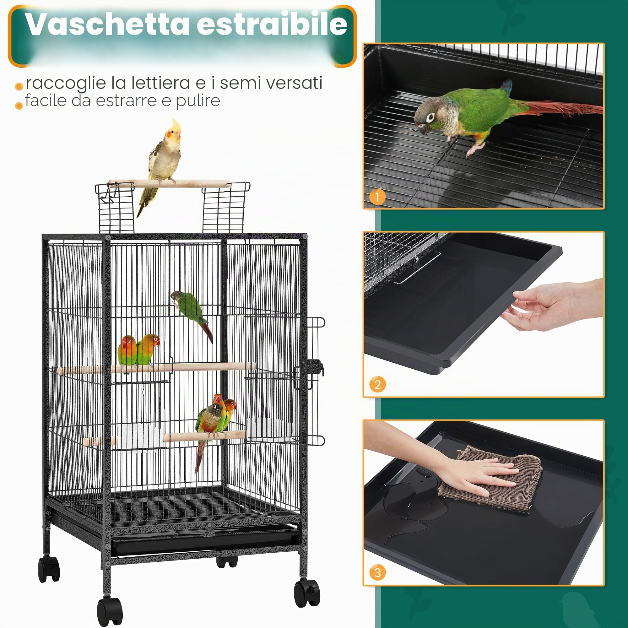 Yaheetech Gabbia per Uccelli in Metallo 45,5 cm x 45,5 cm x 79 cm, con Posatoio Mangiatoia Vassoio con Ruote, Voliera per Pappagallini Canarini Fringuelli, Gabbietta da Esterno Interno, Nera