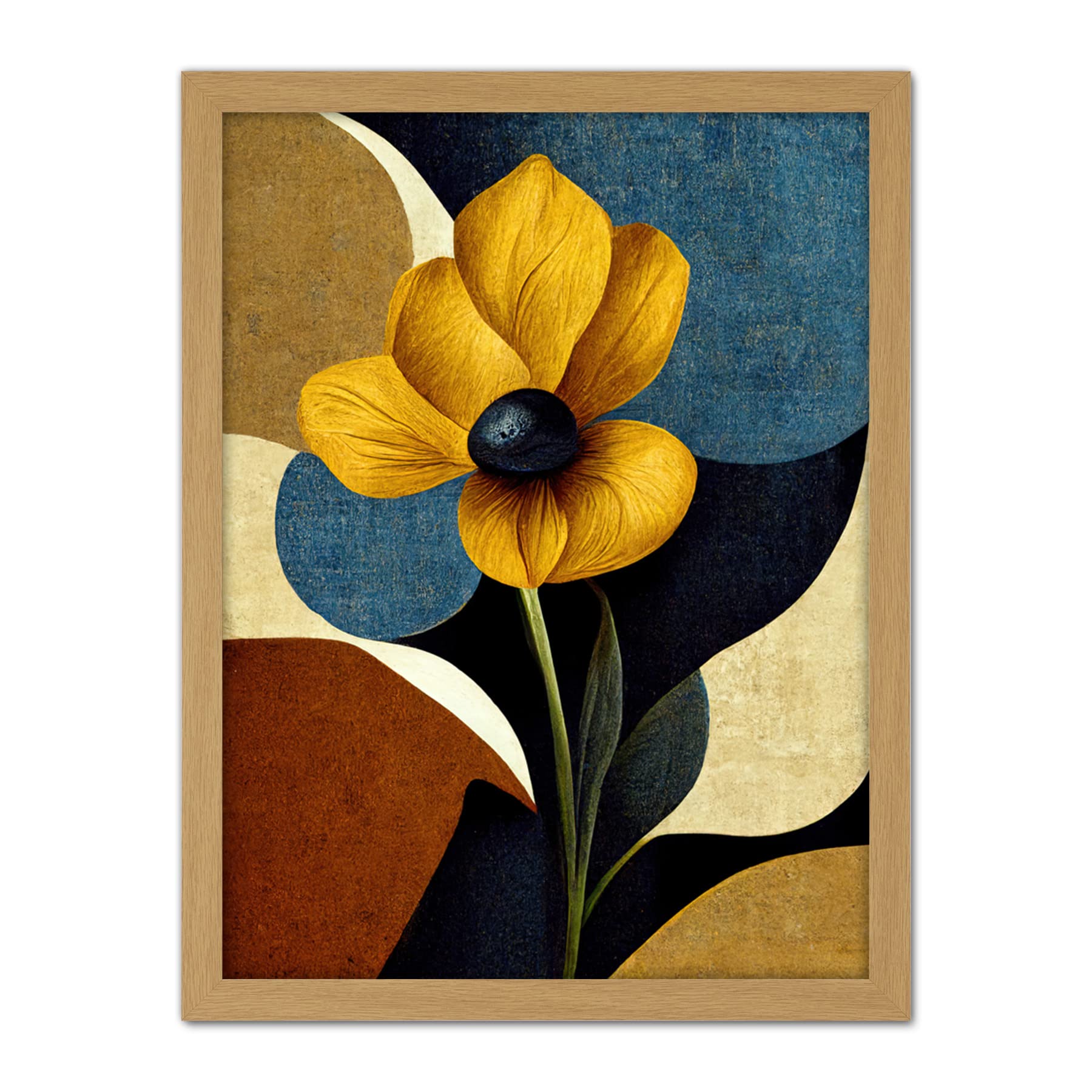 Wee Blue Coo Blue Mustard Ochre Copper Autumnal Abstract Stem Flowers Painting Artwork Framed Wall Art Print 18X24 Inch