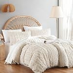 Boho Duvet Cover Queen Size 3 Pieces, Soft Lightweight Tufted Bedding Set with 2 Pillow Shams, Beige Comforter Cover All Season Shabby Chic Embroidery Bed Set 90x90