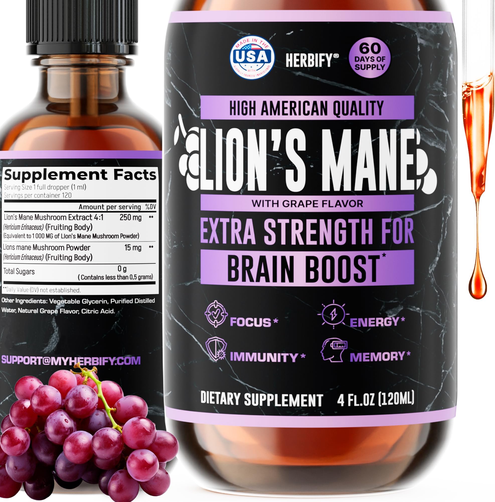Lions Mane Supplement - Daily Mushroom Supplement for Memory, Focus & Clarity - Brain Booster - Lions Mane Tincture for Immune Support - 4 Fl oz Grape Flavor