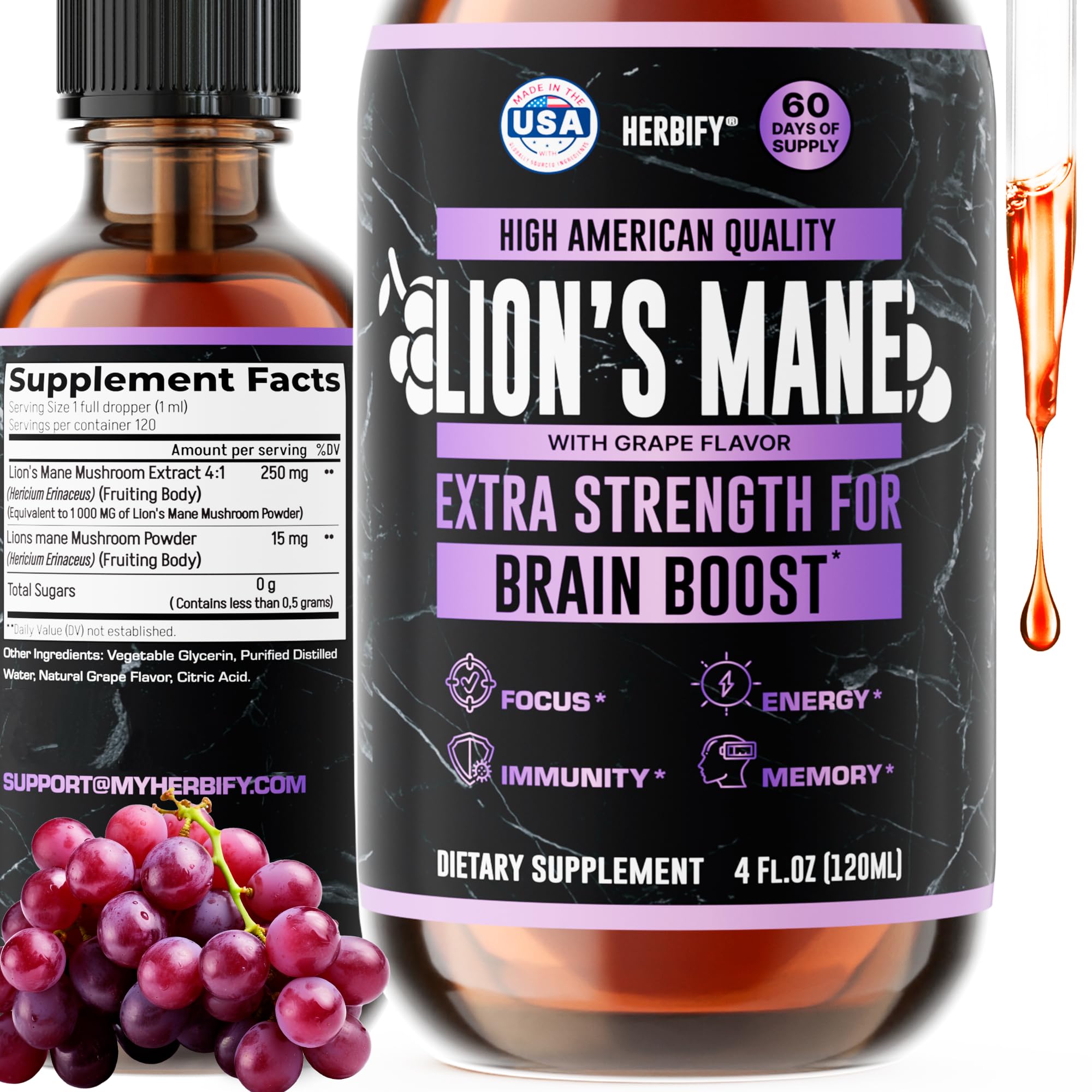 HERBIFY Lions Mane Supplement - Daily Mushroom Supplement for Memory, Focus & Clarity - Brain Booster - Lions Mane Tincture for Immune Support - 4 Fl oz Grape Flavor