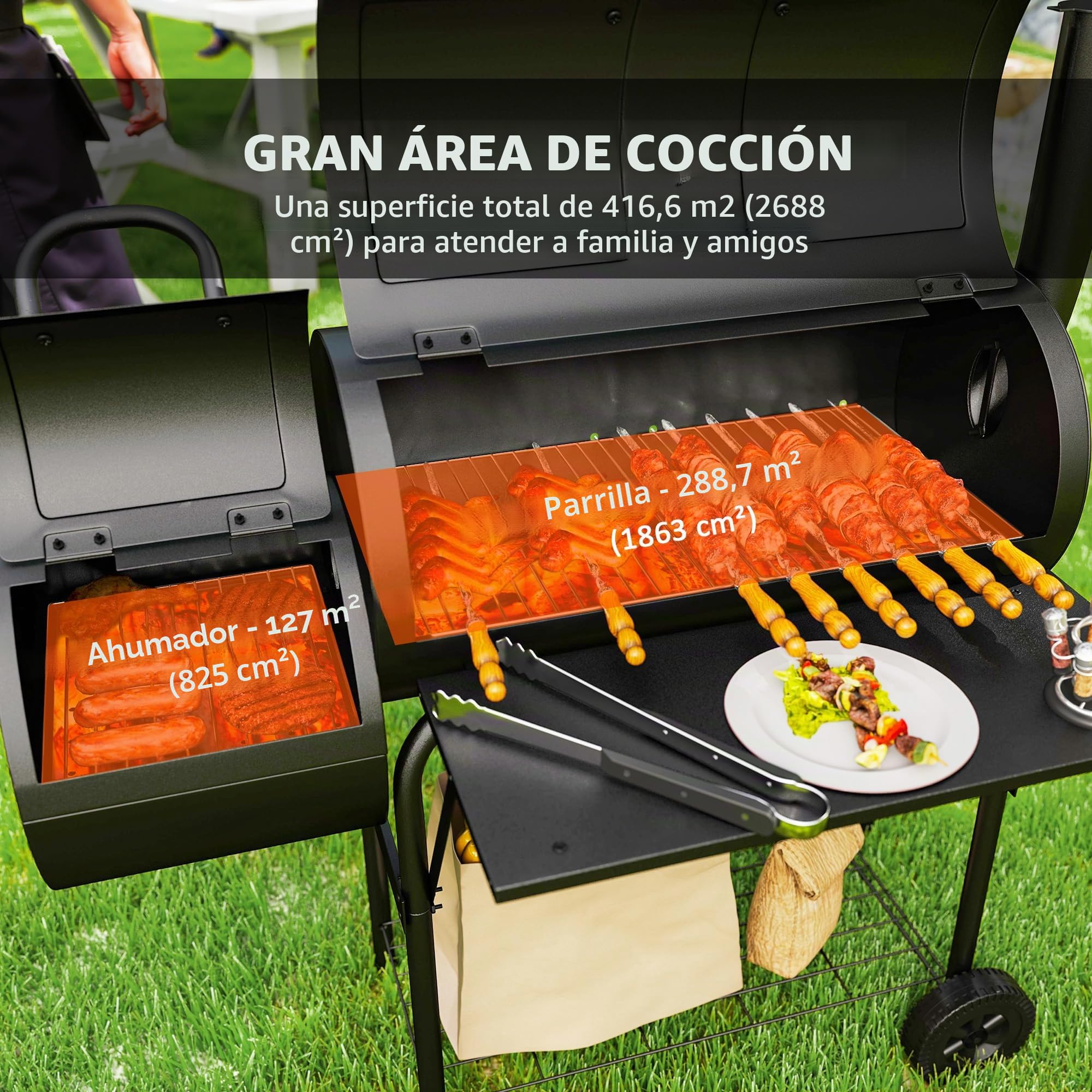 Outsunny Barbacoa de carbón Chimenea, Estante lateral plegable, Negro | Rejilla calentadora, estante inferior, tapa, termómetro, ruedas, Cocina al aire libre Jardín Fiesta