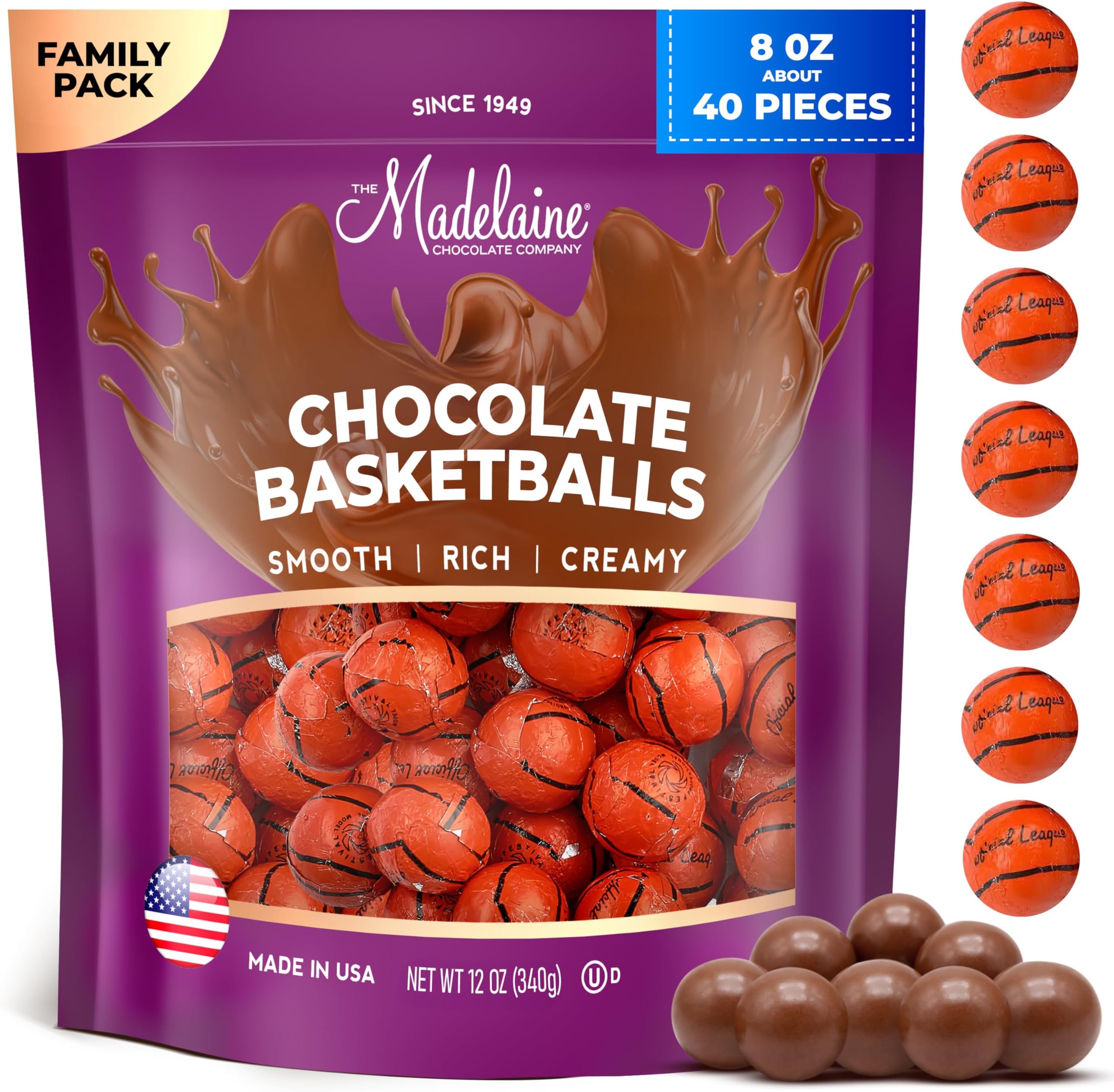 Madelaine Basketball Party Favors - 40 Individually Wrapped Milk Chocolate Basketball Candy - Basketball Team Gifts & Decorations (1/2 LB)