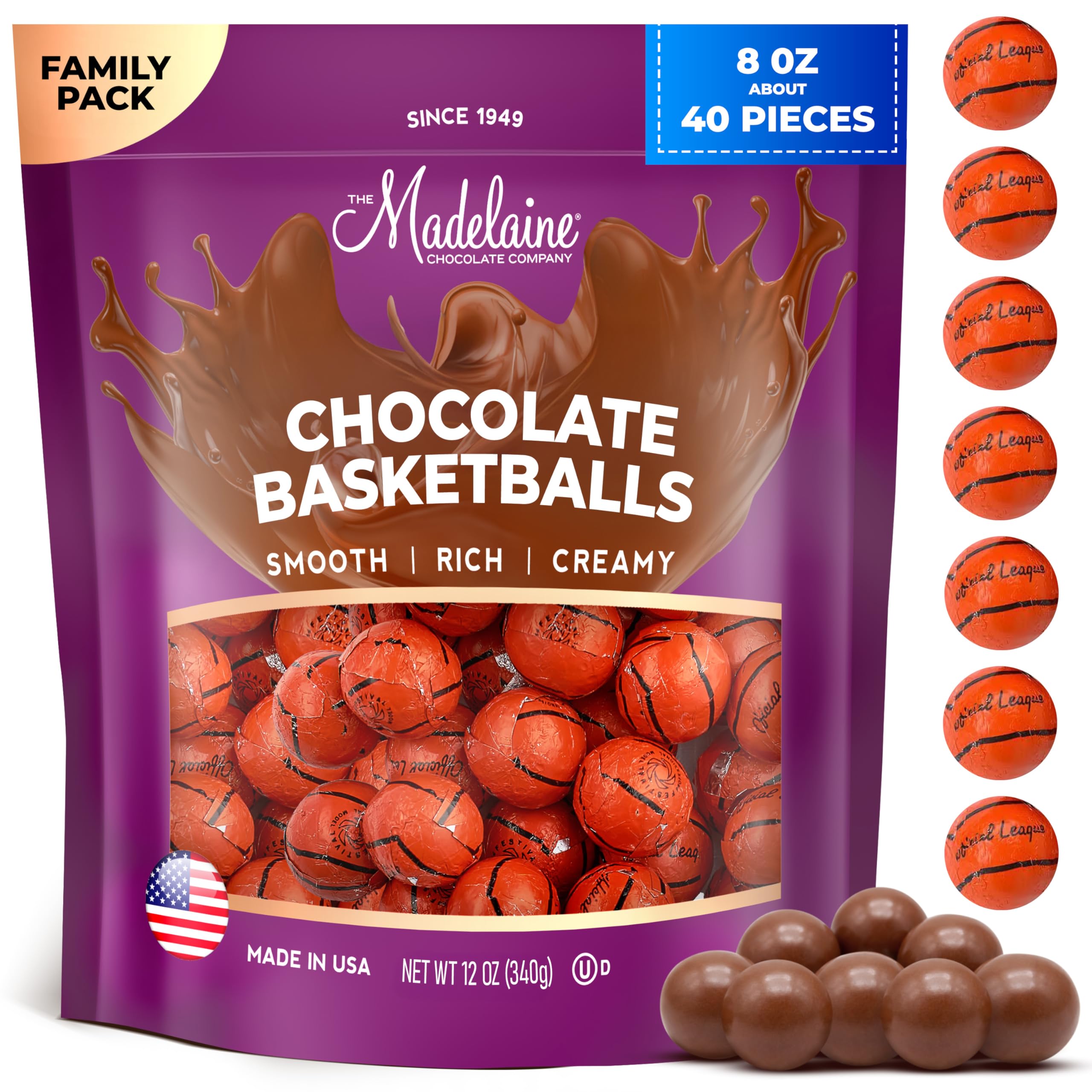 Madelaine Basketball Party Favors - 40 Individually Wrapped Milk Chocolate Basketball Candy - Basketball Team Gifts & Decorations (1/2 LB)