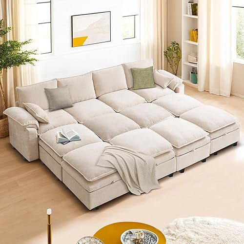 129” Modular Sectional Sofa U-Shaped, Chenille Fabric Small Space Couch, Comfortable Apartment Living Room Sofa with 2 Pillows(12 Seats Beige)