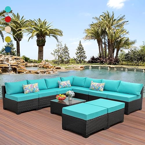 Rattaner 10 Pieces Patio Sectional Furniture Set Outdoor Wicker Conversation Sofa Couch with Turquoise Non-Slip Cushions Furniture Cover Black PE Rattan