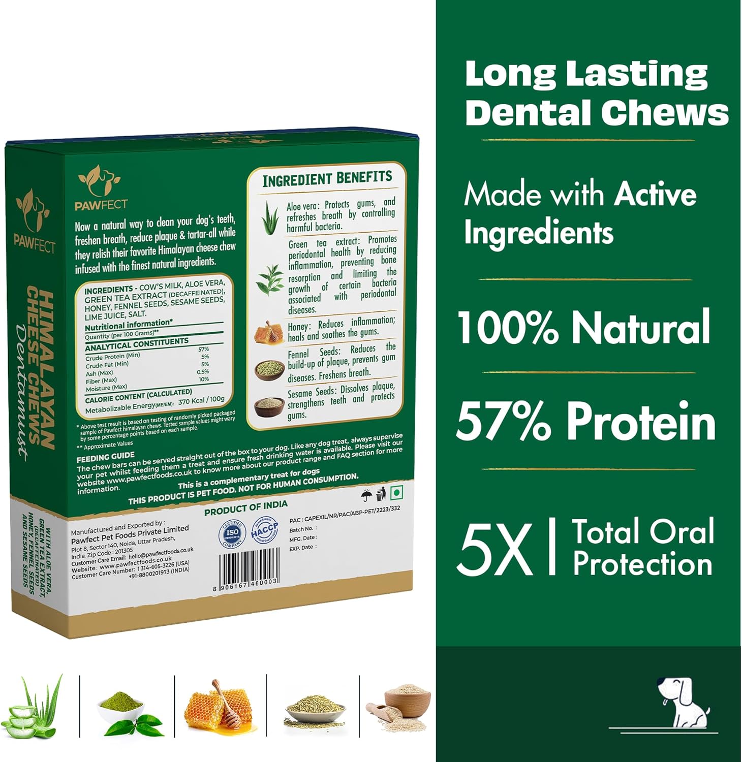 Pawfect Himalayan Cheese Dental Chew with Superfoods for Dogs| Aloe, Green Tea, Honey, Fennel, Sesame Seeds| Natural, long lasting chew| 3 Chews for Large Dogs (420g/14.81oz)| High protein| Grain-free