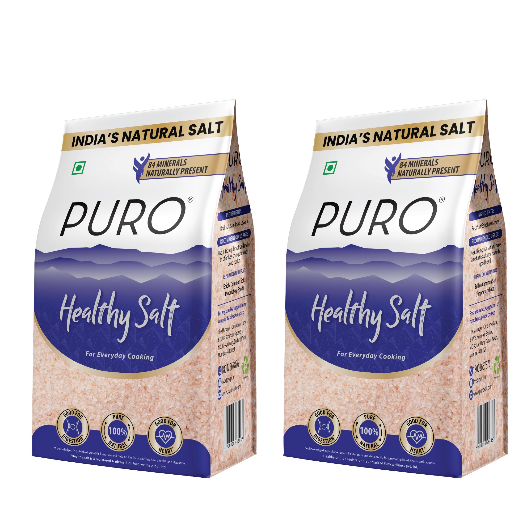 Puro Healthy Salt || Rock Salt || 1 kg Pack of 2 (fine), Chemical Free, Low Sodium, with Natural Minerals