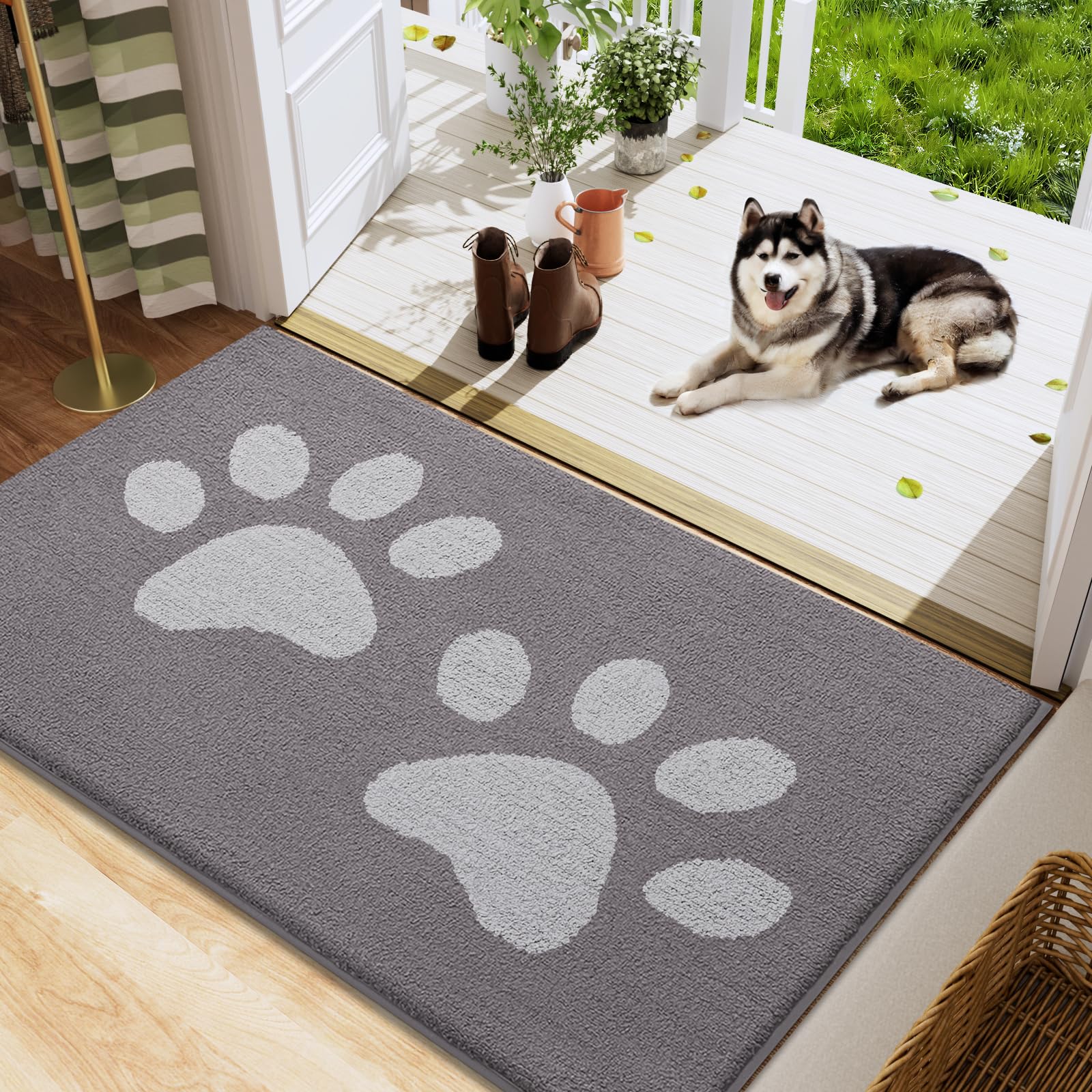 Buganda Dog Door Mat for Muddy Paws, Absorbent Dirt Trapper Washable Indoor Doormats, Non Slip Low-Profile Mud Mat for Dogs, Front Entrance Doormat