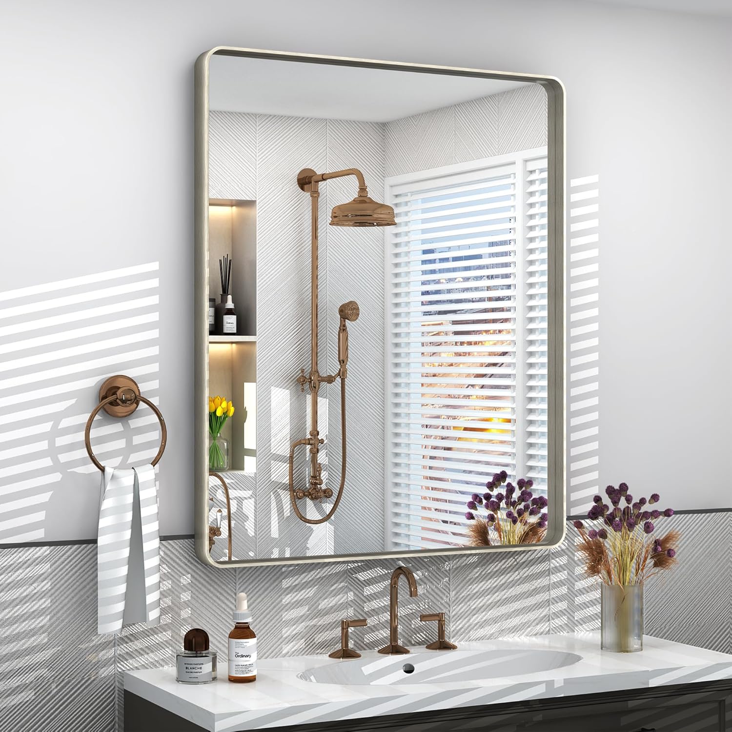 24x32 Inch Brushed Nickel Bathroom Mirror, Brushed Silver Metal Framed Wall Mirror, Rounded Corner Rectangle Modern Vanity Mirror, Tempered Glass, Anti-Rust, Shatterproof (Horizontal/Vertical) 32"L x 24"W Silver