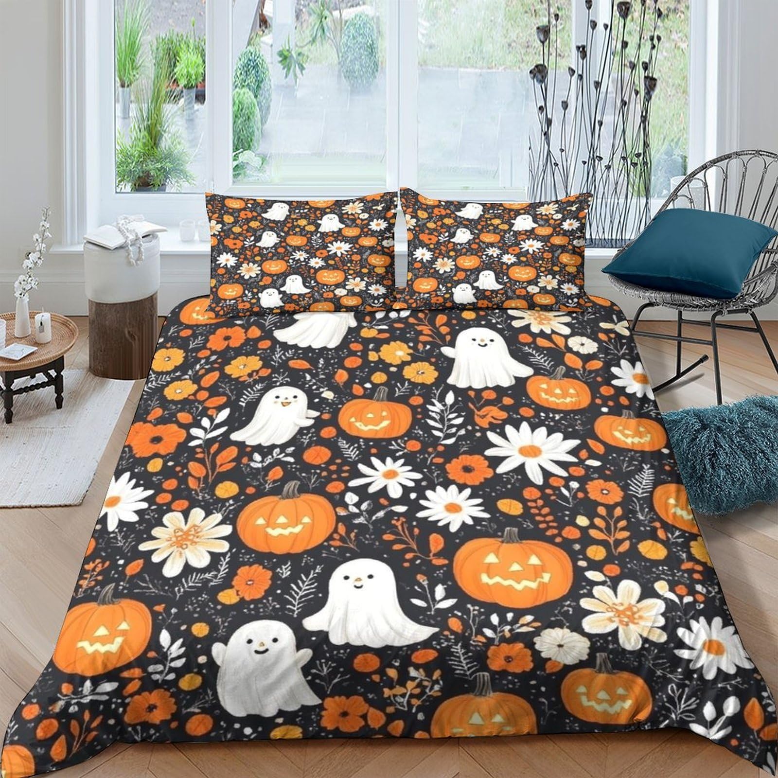 P5V6M1Q9 3D Printed Halloween Pumpkin Ghost Duvet Cover Microfiber Soft Breathable Floral Bedding Set with 2 Pillowcases for Bedroom Decor Single（135x200cm）
