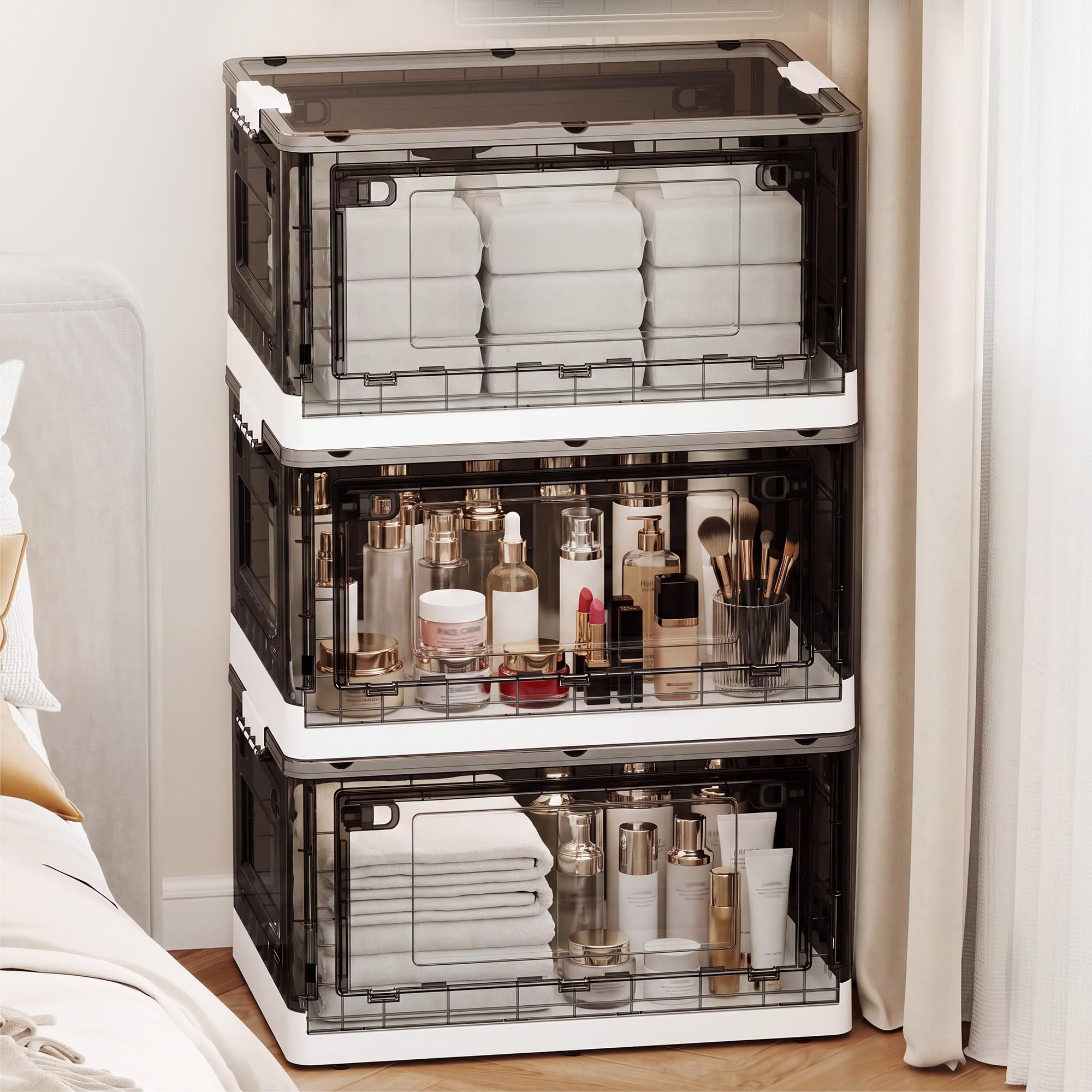 92QT Clear Stackable Storage Bins with Lids, Collapsible Organizers, 3 Pack