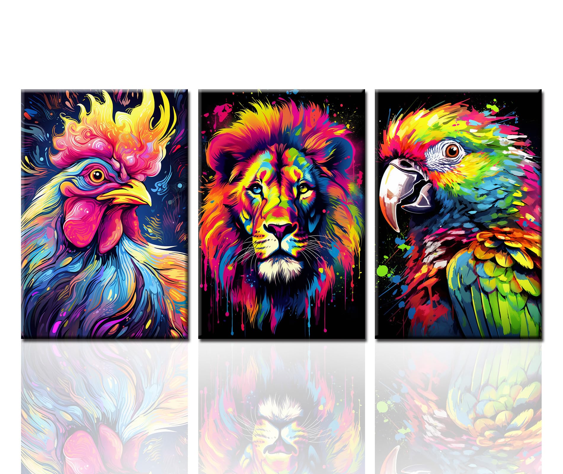 Tucocoo Contemporary Wall Art Lion Parrot Chicken Colorful Pictures Animals Portrait Graffiti Paintings Modern Canvas Artwork Home Decor for Living Room Wooden Framed Ready to Hang 16x24 inch x3pcs โ image 1