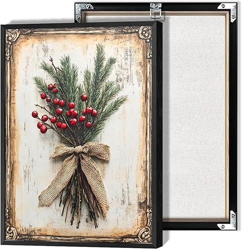 Póster de Navidad de pino y acebo botánico vintage, arte de pared, decoración de pared de casa de campo de Navidad, decoración de pared, colores