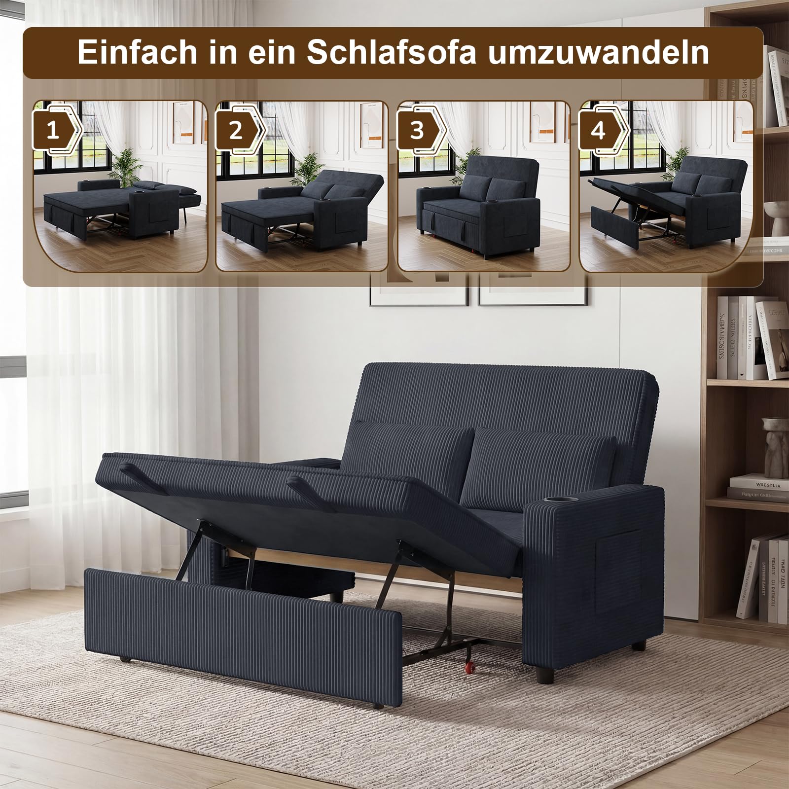 Devoko 2-Sitzer Schlafsofa 140 cm breit, Modernes Sofa mit Schlaffunktion, Ausziehbare Schlafcouch mit Verstellbarer Rückenlehne, Platzsparendes Klappsofa für Wohnzimmer, Blauschwarz