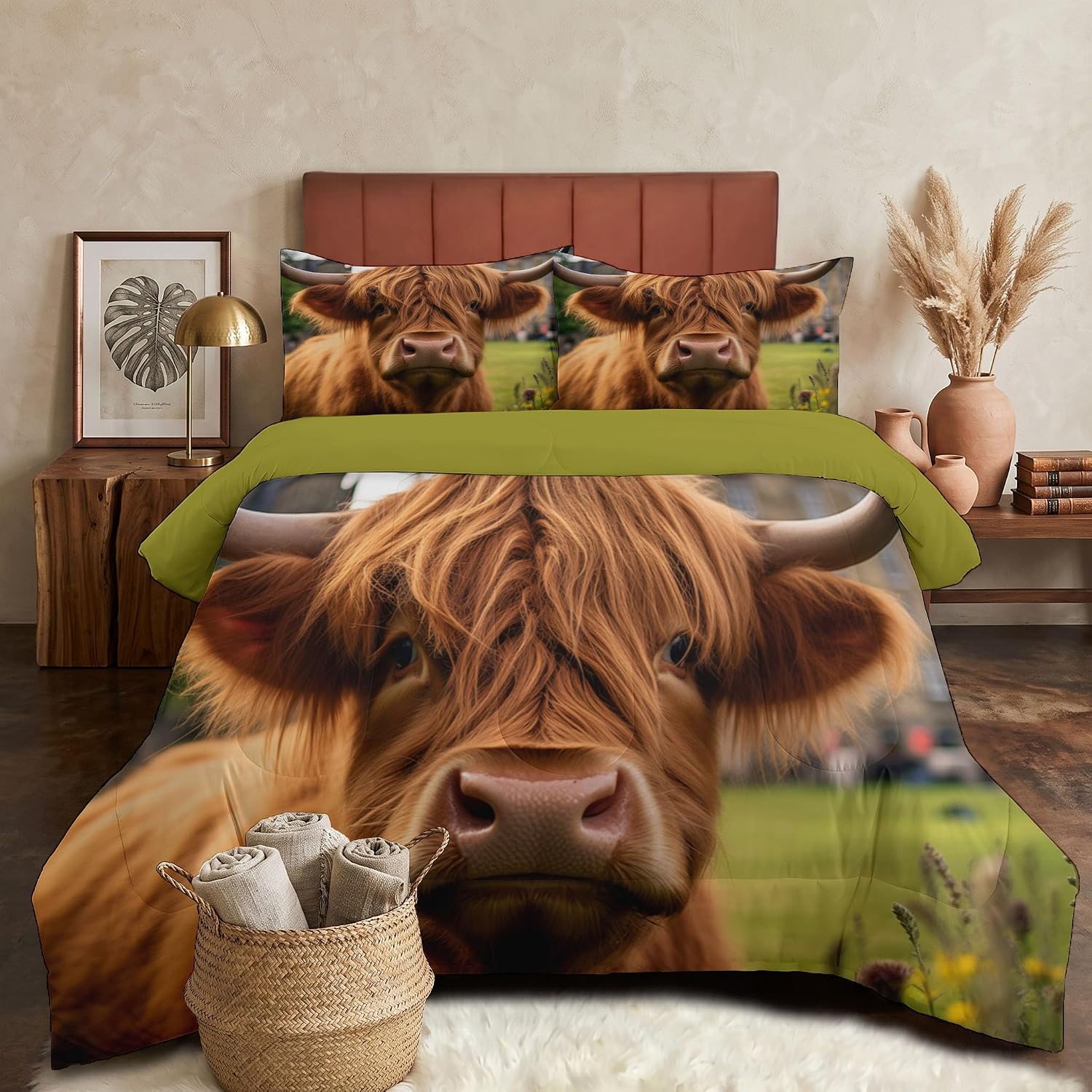Rural Farmhouse Comforter Set King Size, Cute Highland Cattle Bedding Set for Girls Boys, Brown Quilt Bed 104"X90" Bedding Comforter Sets with 2 Pillowcase Room Decor