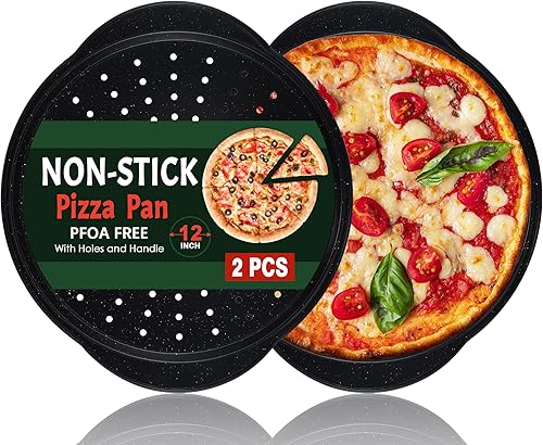 Sartenes antiadherentes para pizza de 2P, bandeja redonda de 12 pulgadas con agujeros y asa, sartén de pizza de acero al carbono para horno, apto