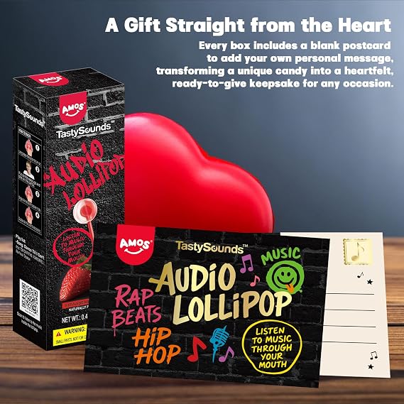 AMOS Music Lollipop Candy Suckers TastySounds Audio Hip Hop Singing Lollipop, Assorted Fruit Flavors, Sugar-Free, Low-Calorie Snack, 4-Pack Gift Box