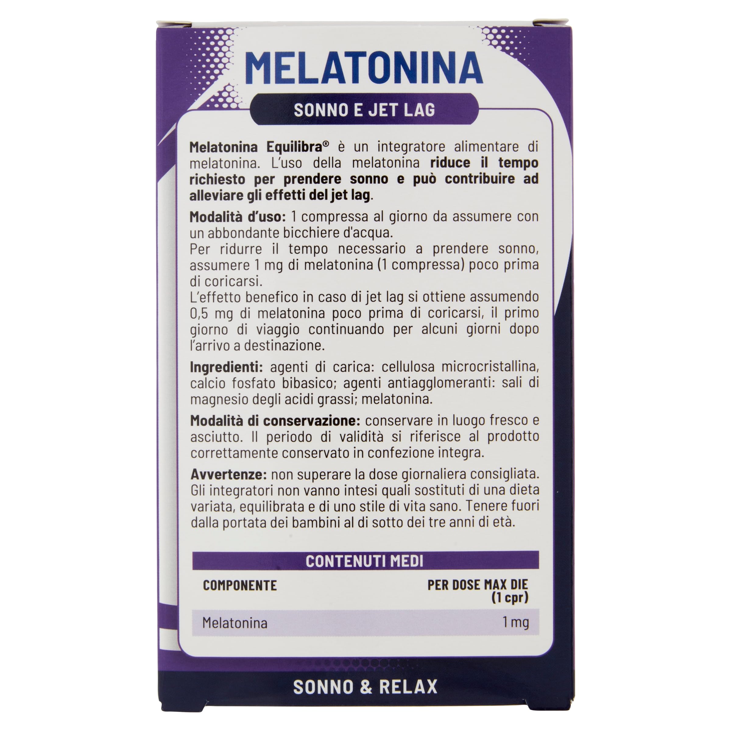 Equilibra Integratori Alimentari, Melatonina, Integratore per Ridurre il Tempo Richiesto per Prendere Sonno, Effetto Benefico Anche in Caso di Jet Lag, a Base di Melatonina, 75 Compresse