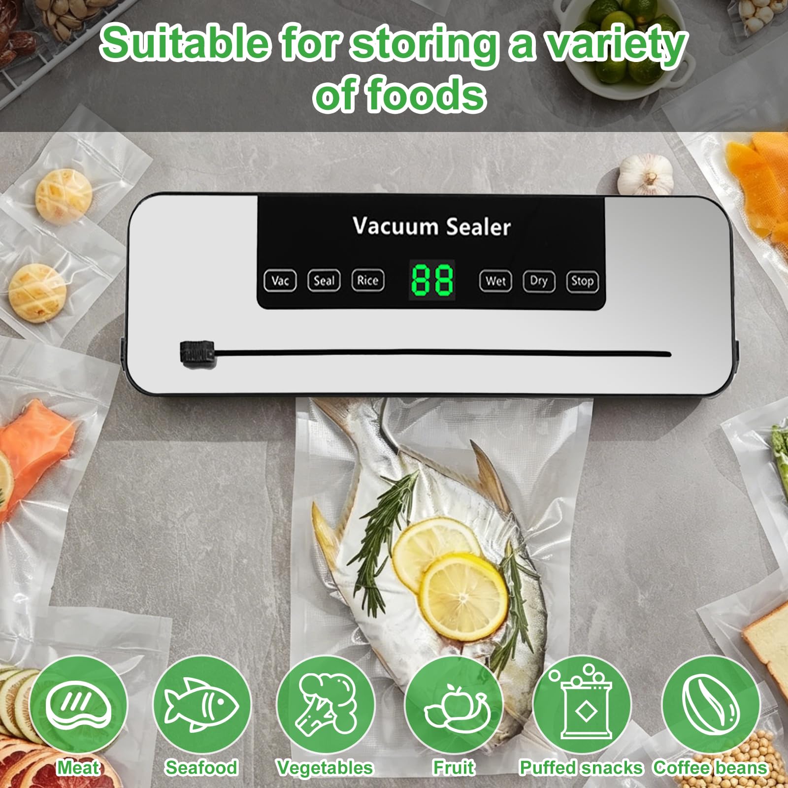 Macchina sottovuoto, con luce UV 80 KPa, con display digitale, per cucina, casa, caccia e pesca, coltello da taglio integrato, saldatura termica, 50 sacchetti pretagliati in omaggio