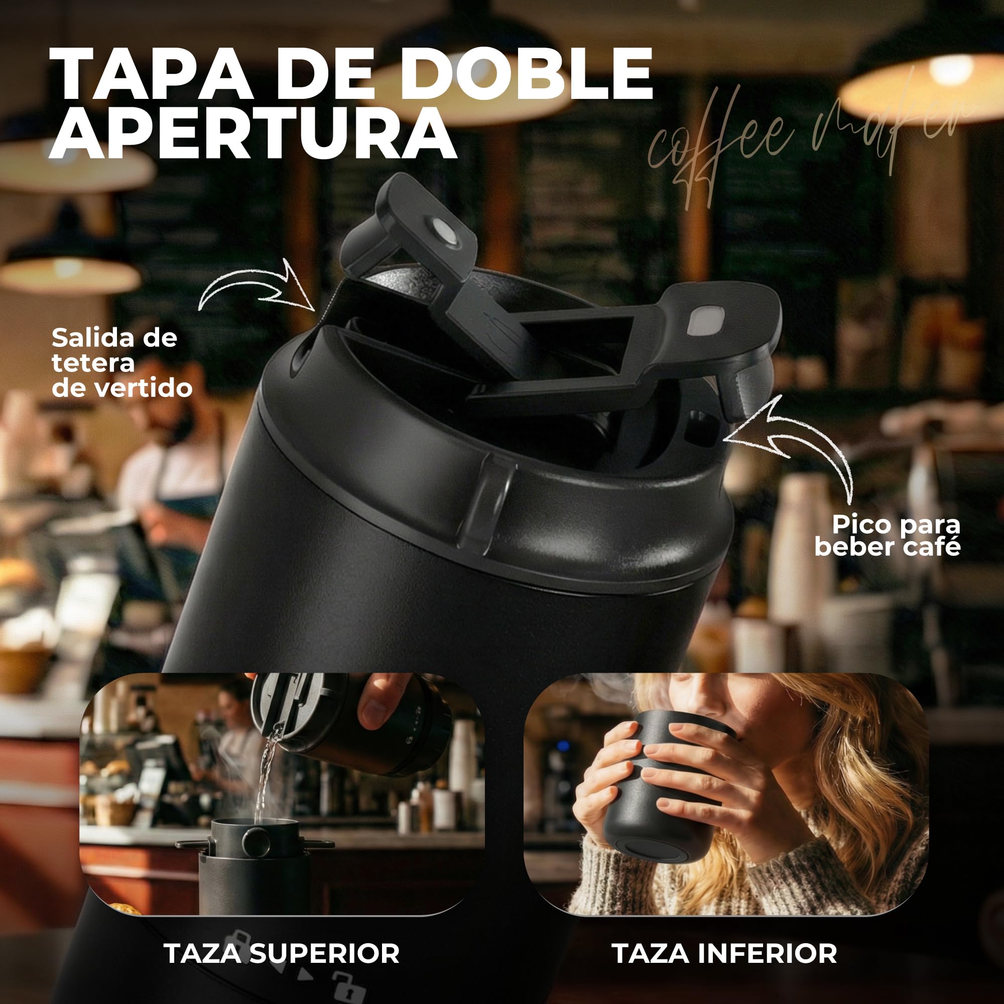 HAUSHOF Molinillo de Café Eléctrico Portátil Inalámbrico con Taza Térmica Doble 700ml, 5 Niveles de Molienda Ajustable, Cafetera Vertido Todo en Uno para Camping, Outdoor Viaje, RV y Oficina