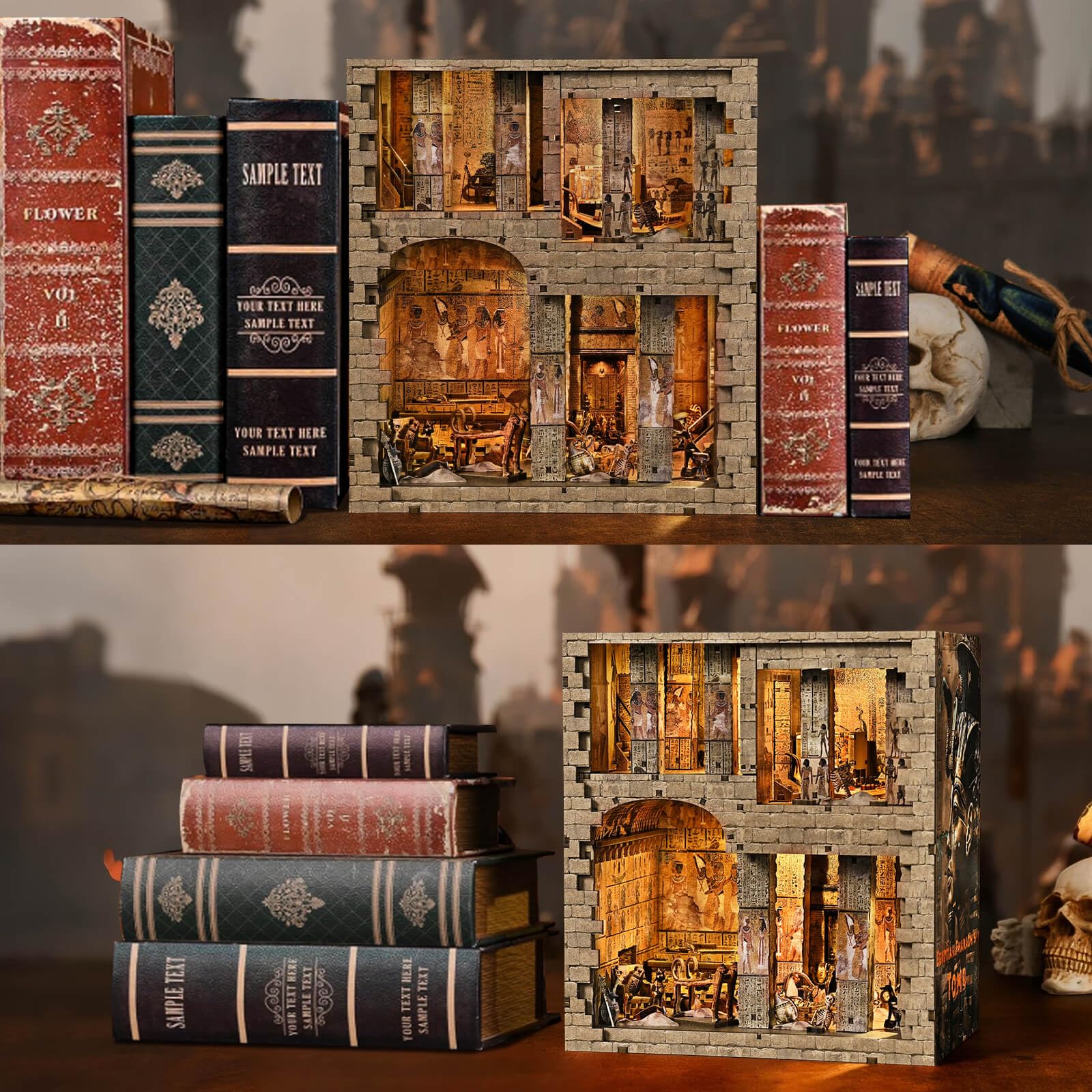 fifijoy Kit angolo libro: kit casa in miniatura faraoni egiziani per adulti e adolescenti, casa delle bambole BookNook Tiny House, decorazione per scaffalature, puzzle in legno 3D