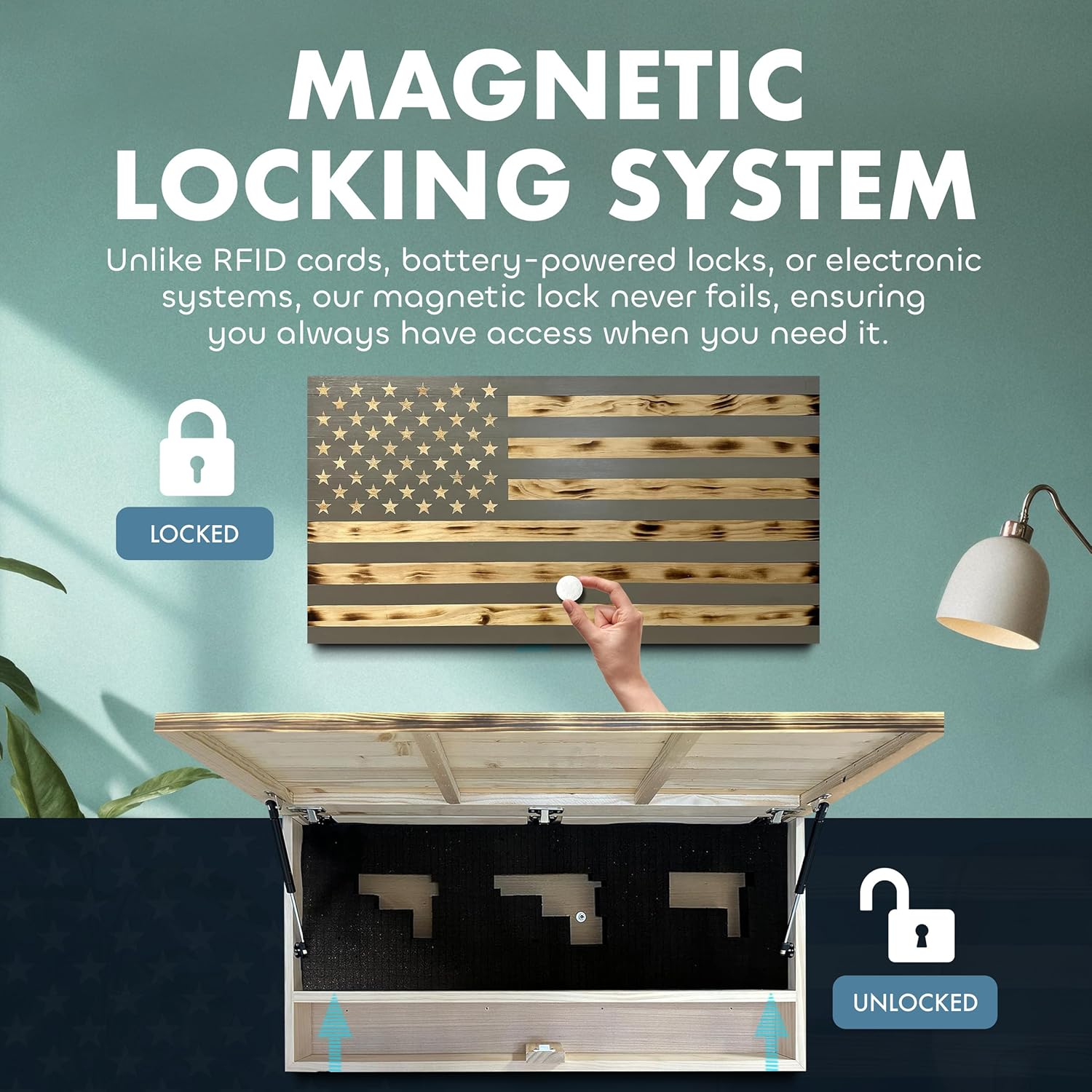 Large American Flag Gun Safe - Quick Access Hidden Gun Safe for Rifles, Shotguns, & Handguns - Gun Concealment Furniture with Magnetic Lock - Gun Self Hidden Storage by Bellewood Designs