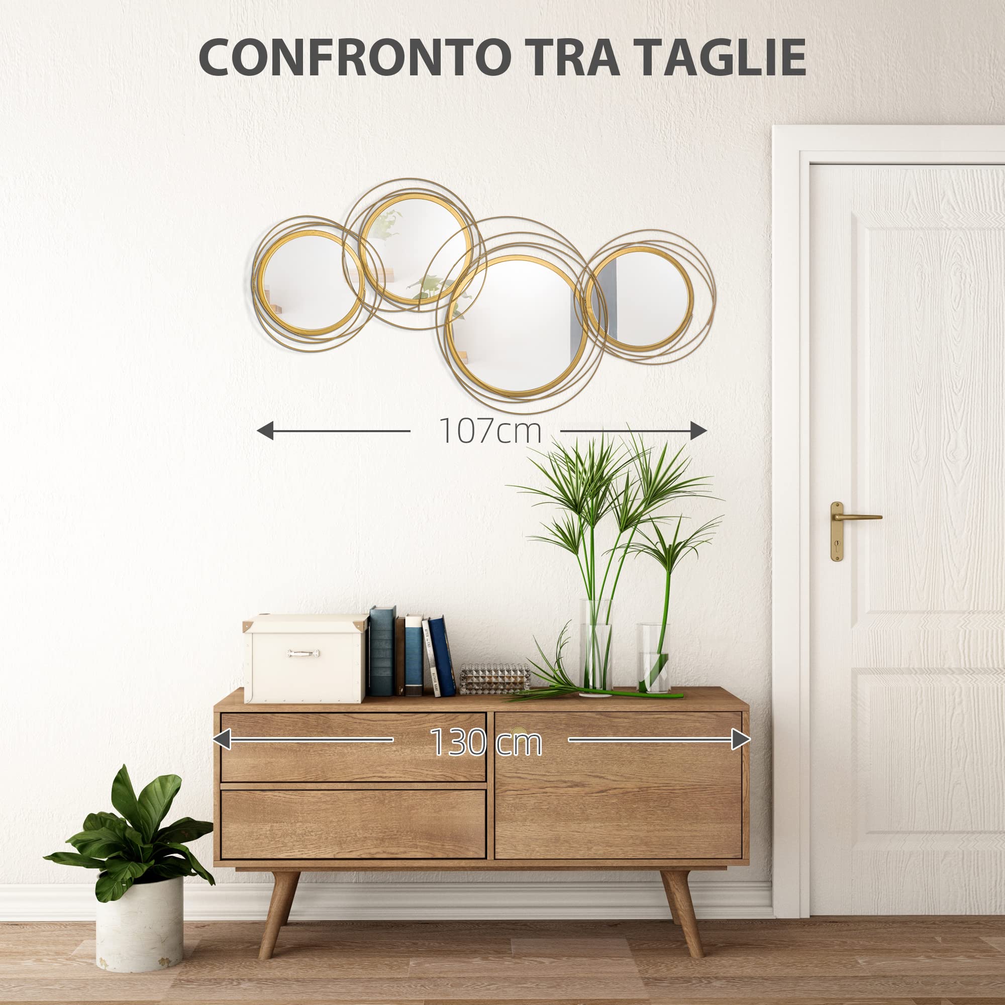 HOMCOM Decorazione Murale 3D in Metallo Wall Art a Cerchi 107x56cm Oro | Con Specchi