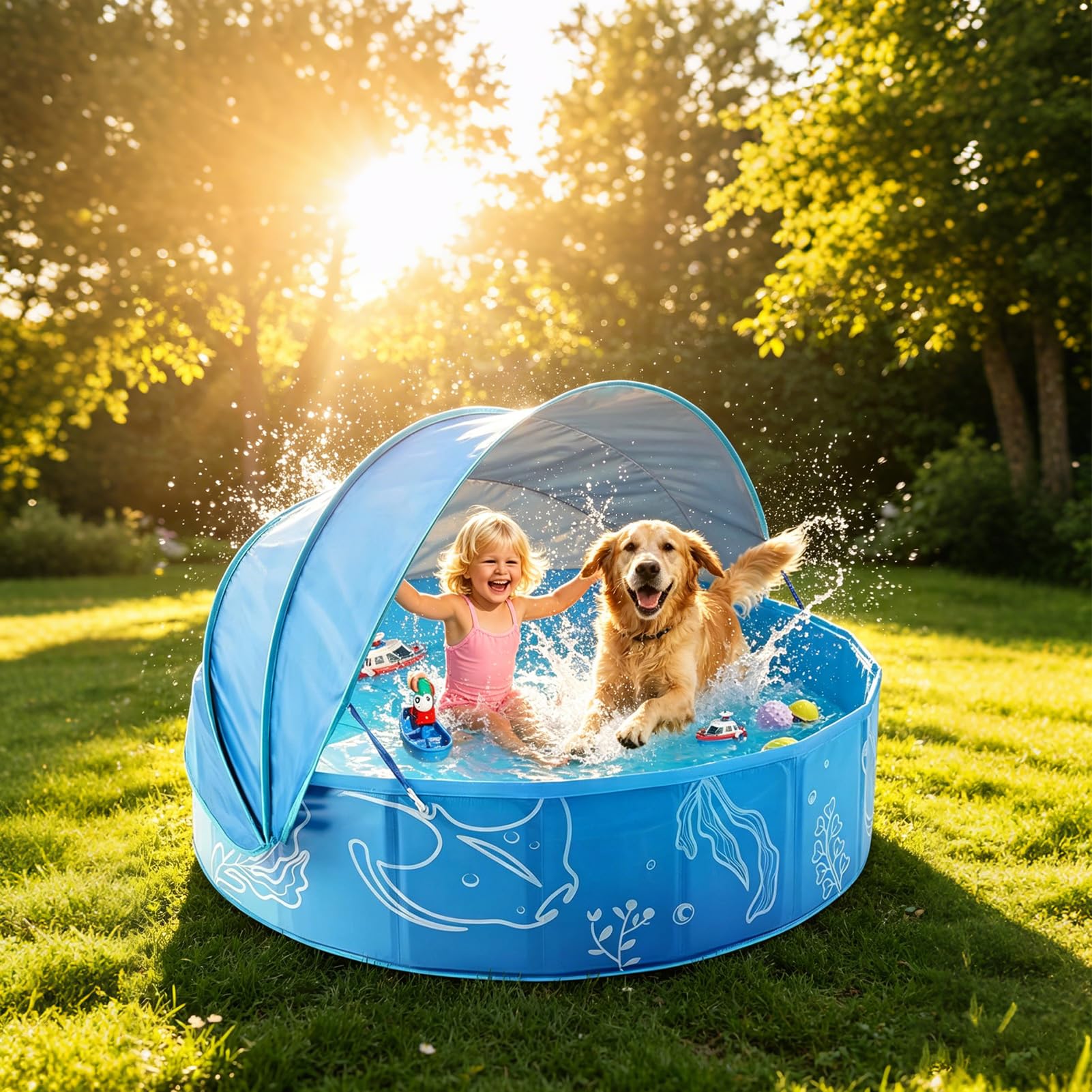 Pataugeoire pour enfants - 100 x 30 cm - Pliable - Portable - Avec toit - Piscine antidérapante - Avec protection solaire - Pour l'intérieur et l'extérieur