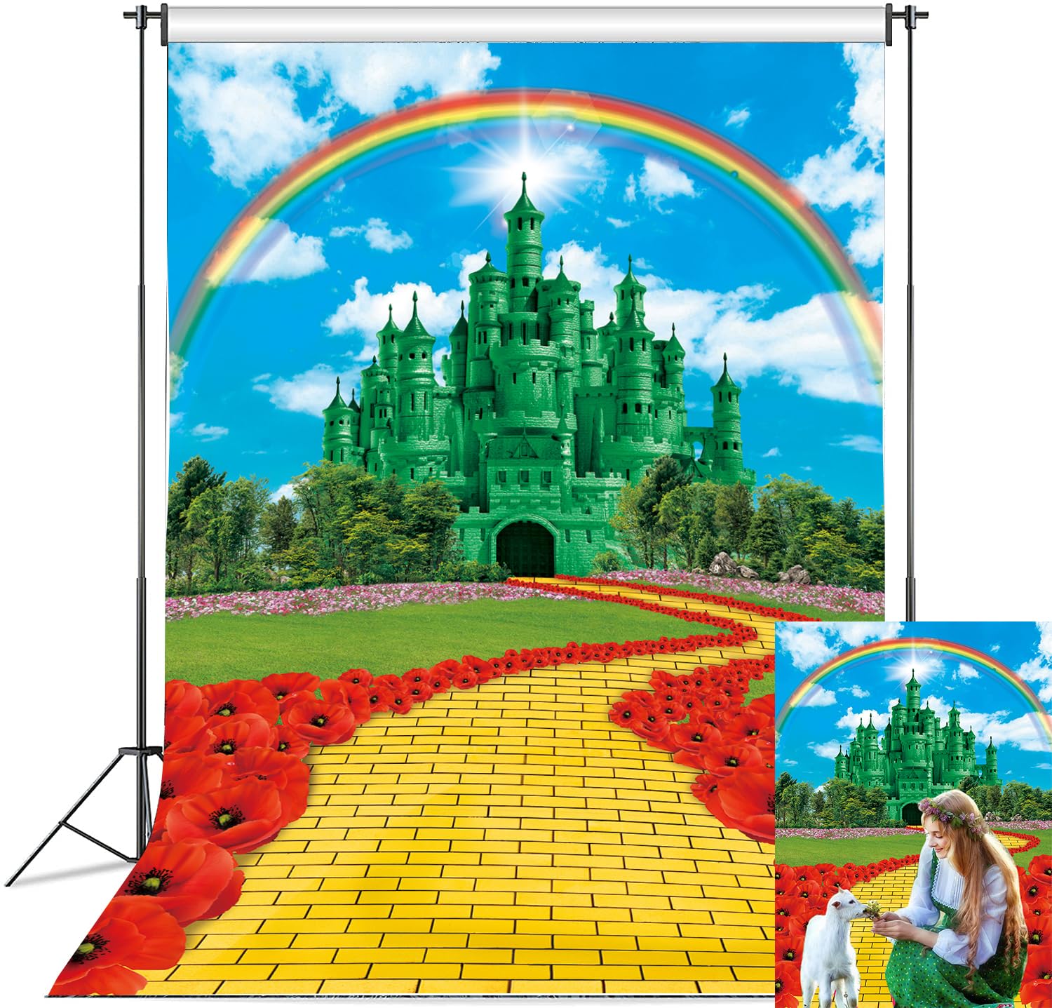 Green Castle Yellow Brick Road Backdrop for Party Decorations 5x7FT Rainbow Floral Castle Gold Brick Road Photography Background Baby Shower Princess Party Decorations Supplies