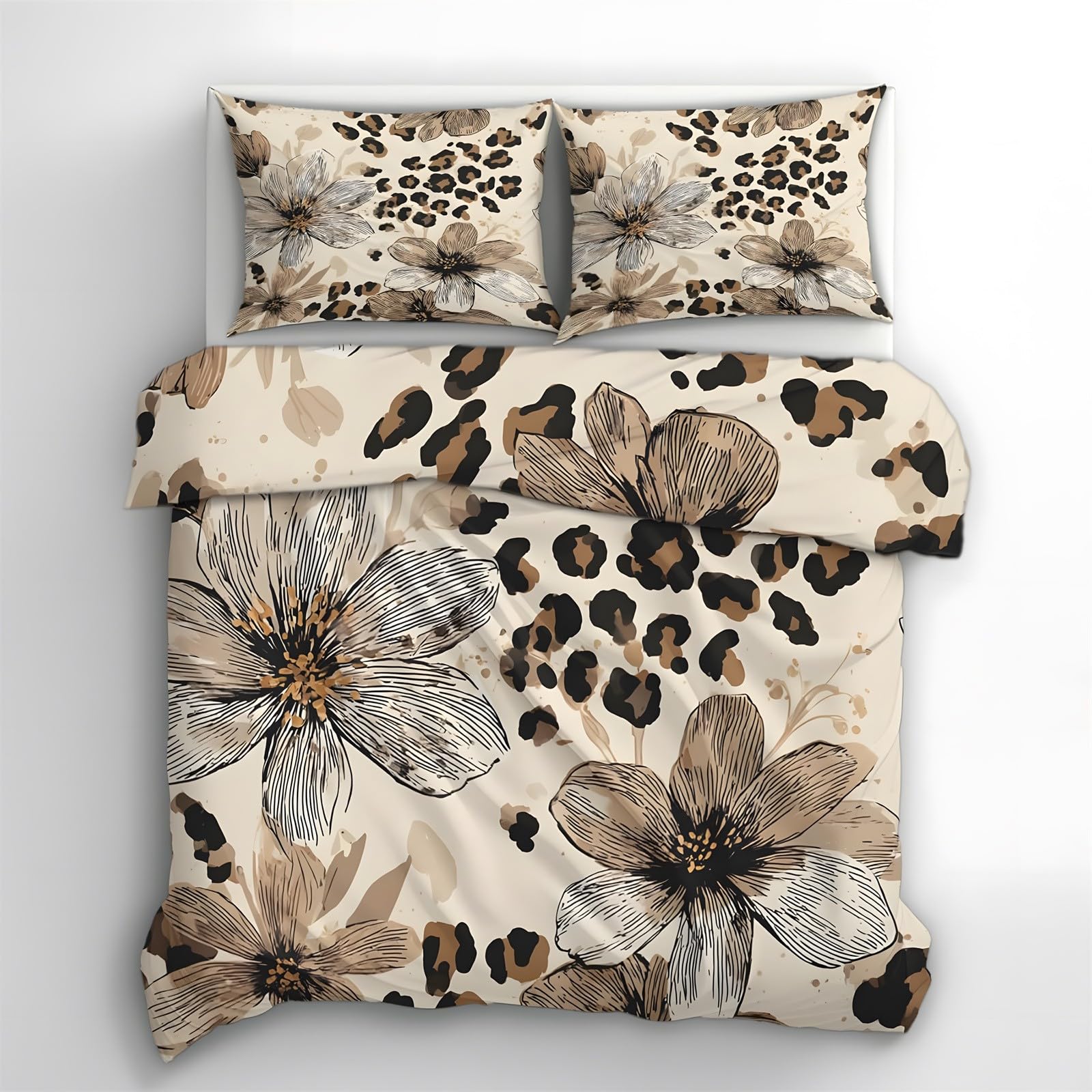 Ypthriline Double Bedding Set Leopard Print Bedding Set Microfiber Floral Duvet Covers with Pillowcases Reversible Bedding With Zipper Closure 200x200CM