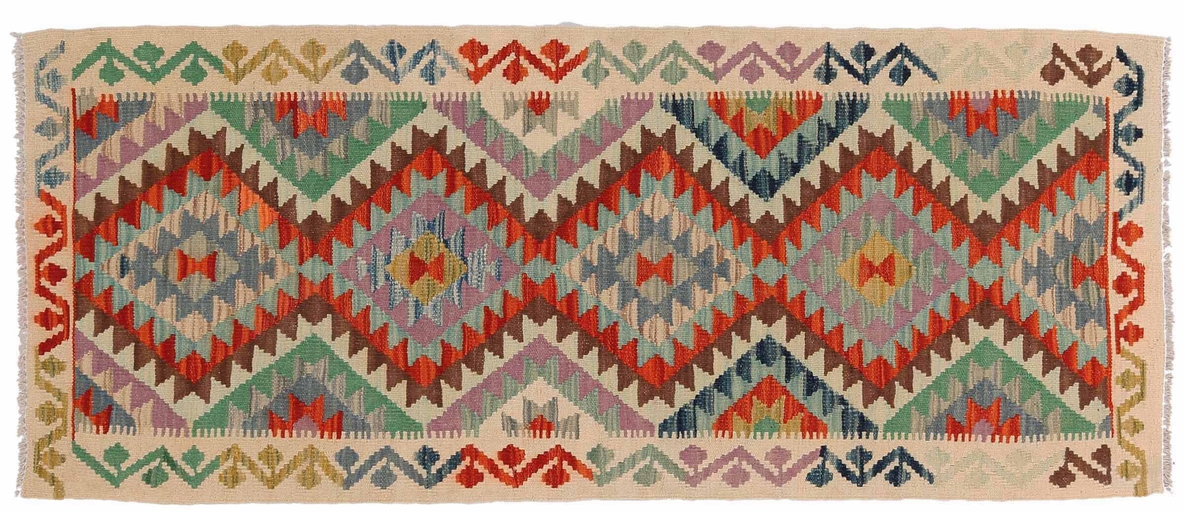 Tapis Kilim Afghan Maimana tissé main rectangle géométrique multicolore 70x180 cm