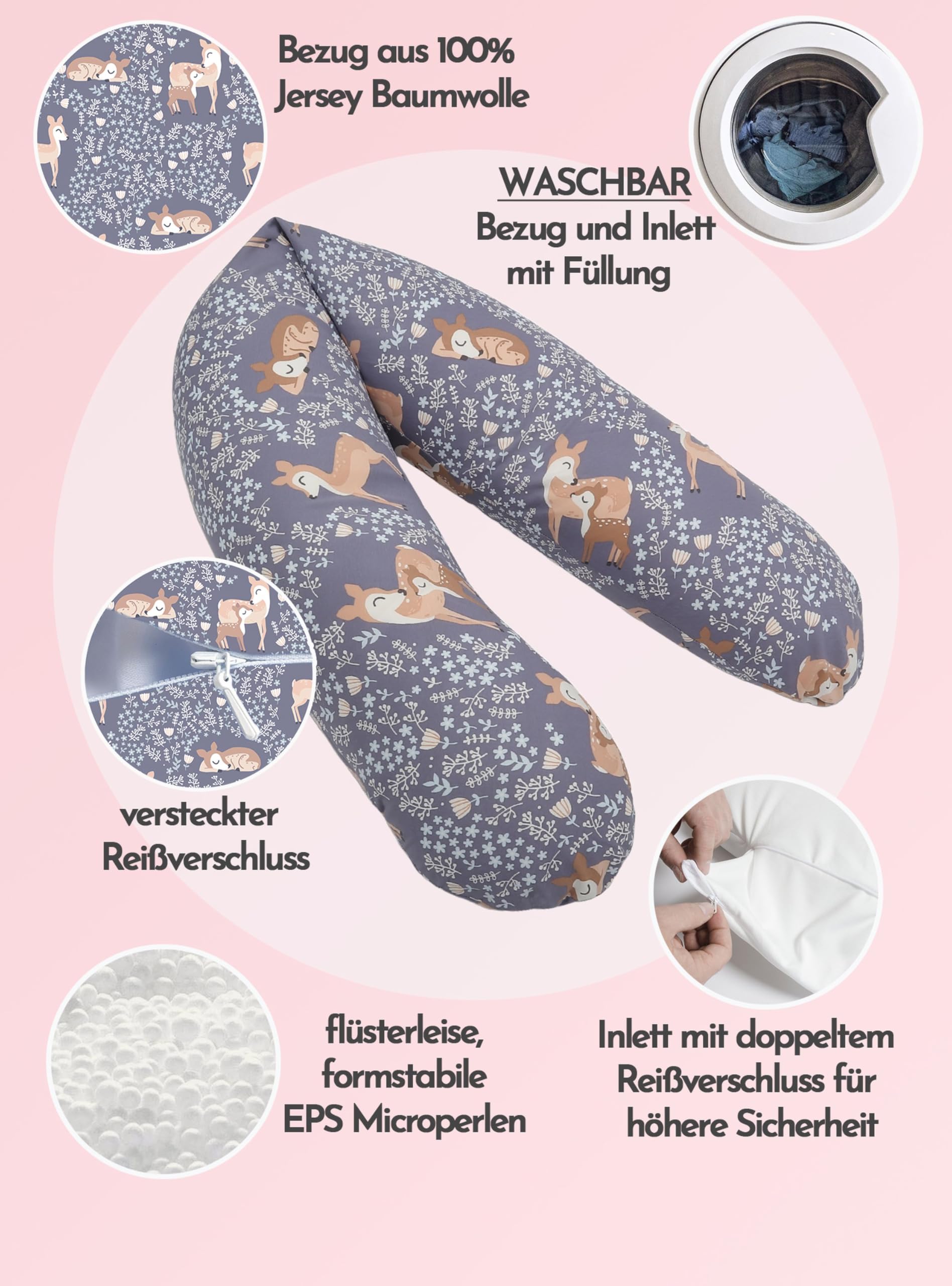 pic Bear Classic 190cm Stillkissen - hochwertiges Schwangerschaftskissen - anschmiegsames Lagerungskissen aus Baumwolle - schadstofffreies Seitenschläferkissen (100% Jersey Baumwolle, REH)