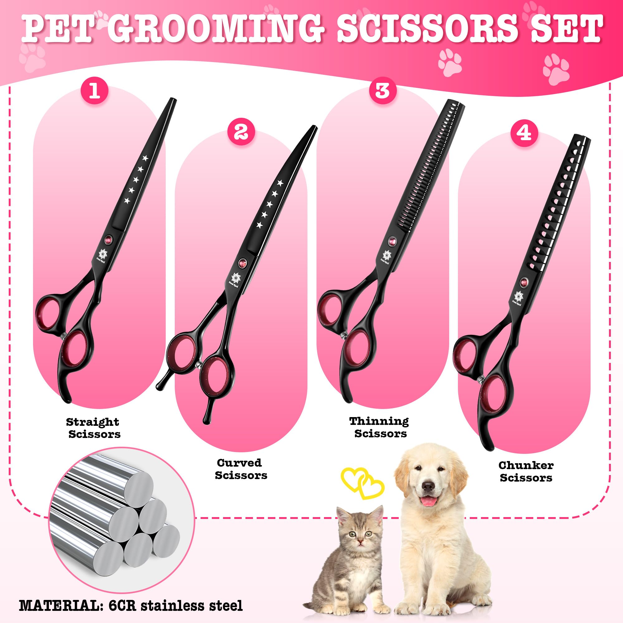 Dream Reach 7" Dog Grooming Scissors Kit, Professional 6 in 1 Dog Scissors Sharp and Durable Shears Set Thinning, Chunker - Image 2