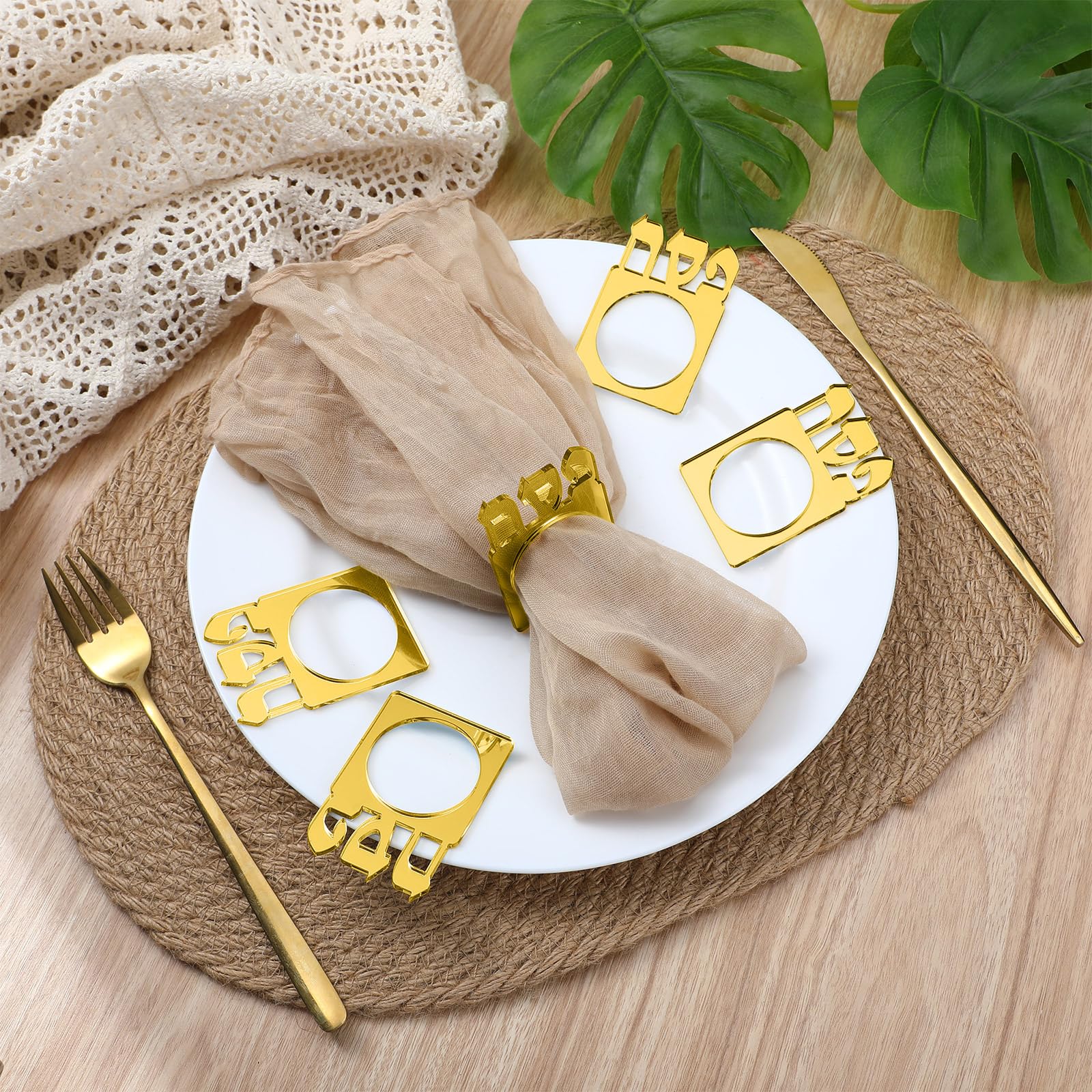 24 servilleteros acrílicos para el Pesaj Seder, servilleteros acrílicos con espejo para decoración de mesa de Pascua judía (dorado)