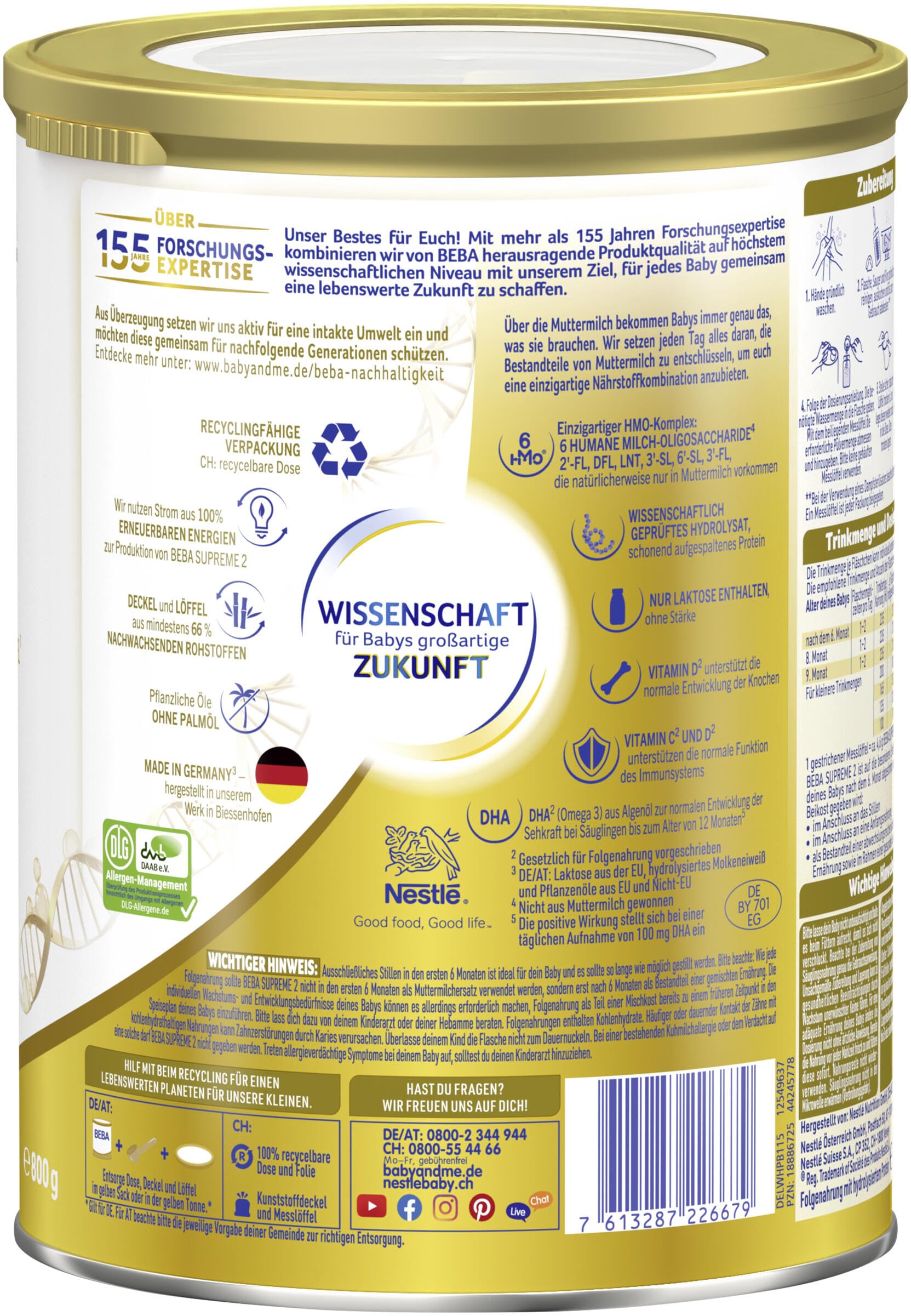 BEBA SUPREME 2 - Folgemilch nach dem 6. Monat, Mit 6 HMO Komplex, Patentiertes Produkt, Nur Laktose, Ohne Palmöl, Ohne Fischöl, Babynahrung, Baby-Milchpulver, 6er Pack (6 x 800g)