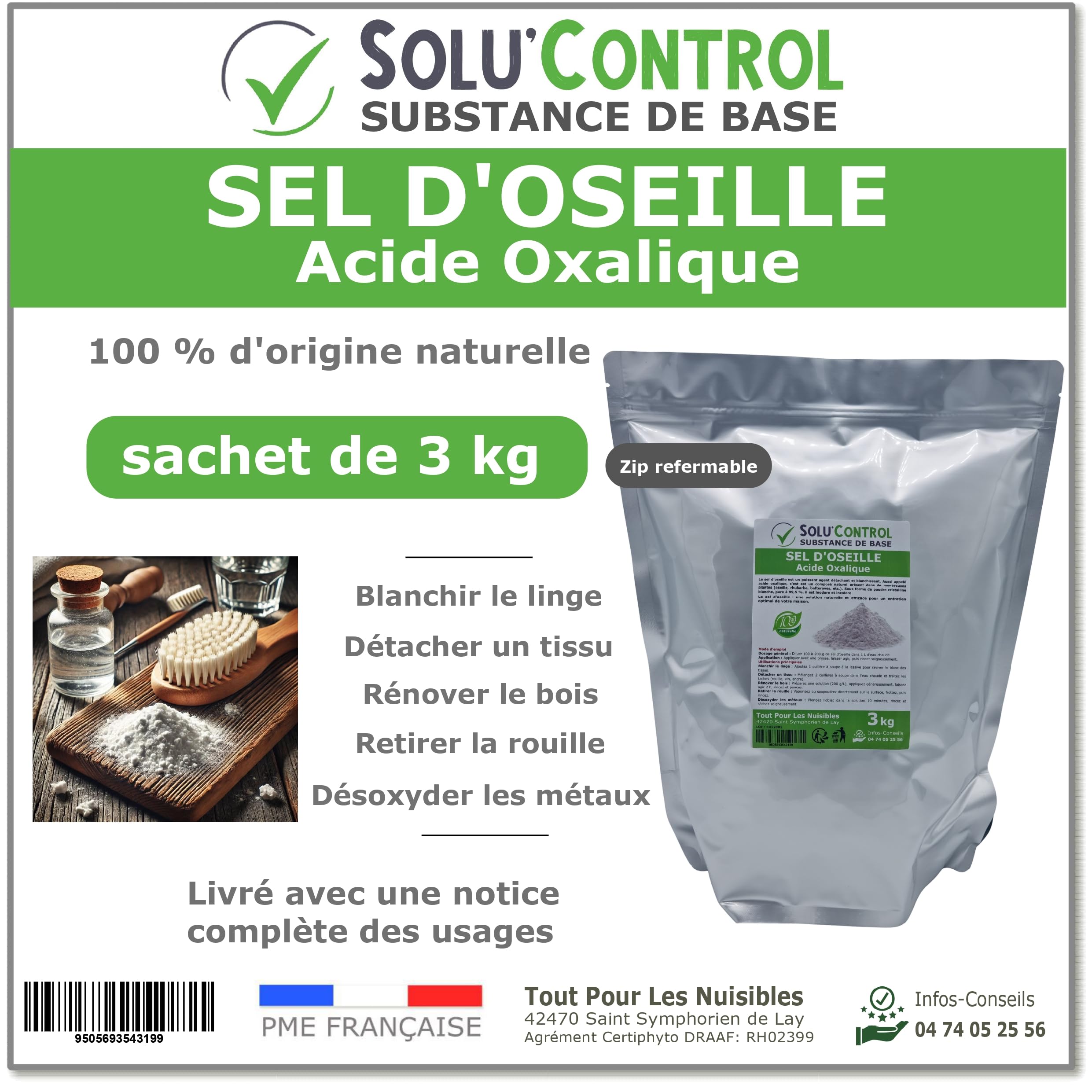 Sel d’Oseille 3 kg - Acide Oxalique 100% Naturel - Blanchir, Détacher, Rénover et Désoxyder