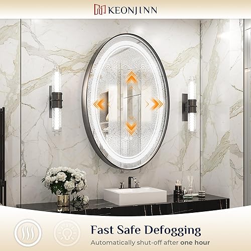 Miniatura 5 de Keonjinn Espejo ovalado LED de 24 x 36 pulgadas, marco negro, con 3 luces de color, espejo frontal de tocador para pared, espejo de baño iluminado