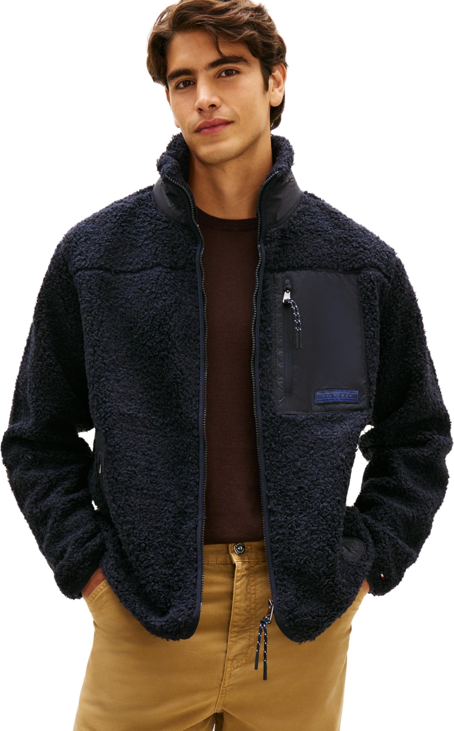 Tommy Hilfiger Men’s Teddy Fleece Zip Through Sweatshirt with Stand Collar, Blue (Desert Sky), XL