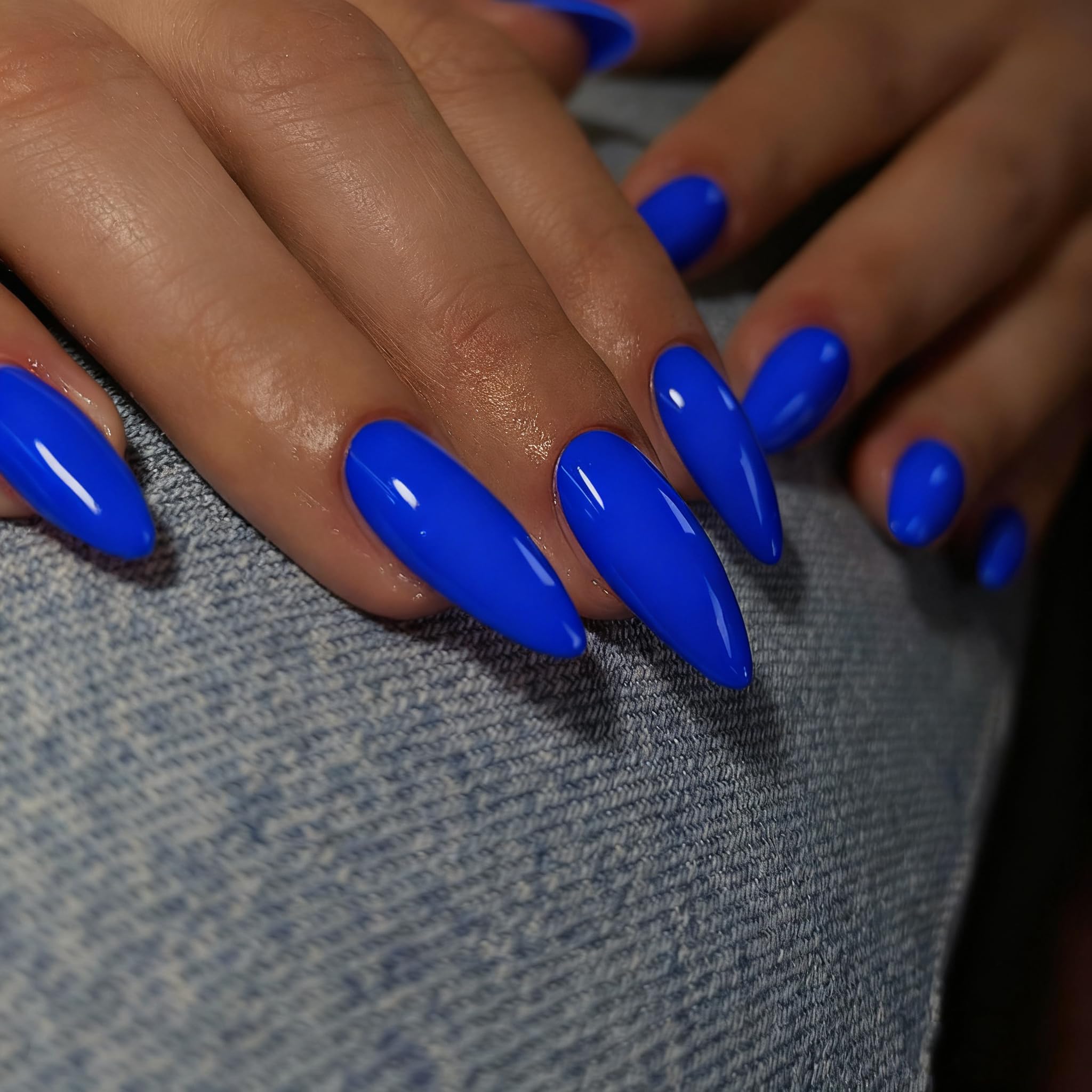 Royal Blue Press on Nails - Almond Shape Medium Length Neutral Acrylic Reusable Fake Nails for Women Girls - Glue on Stiletto False Soft Gel