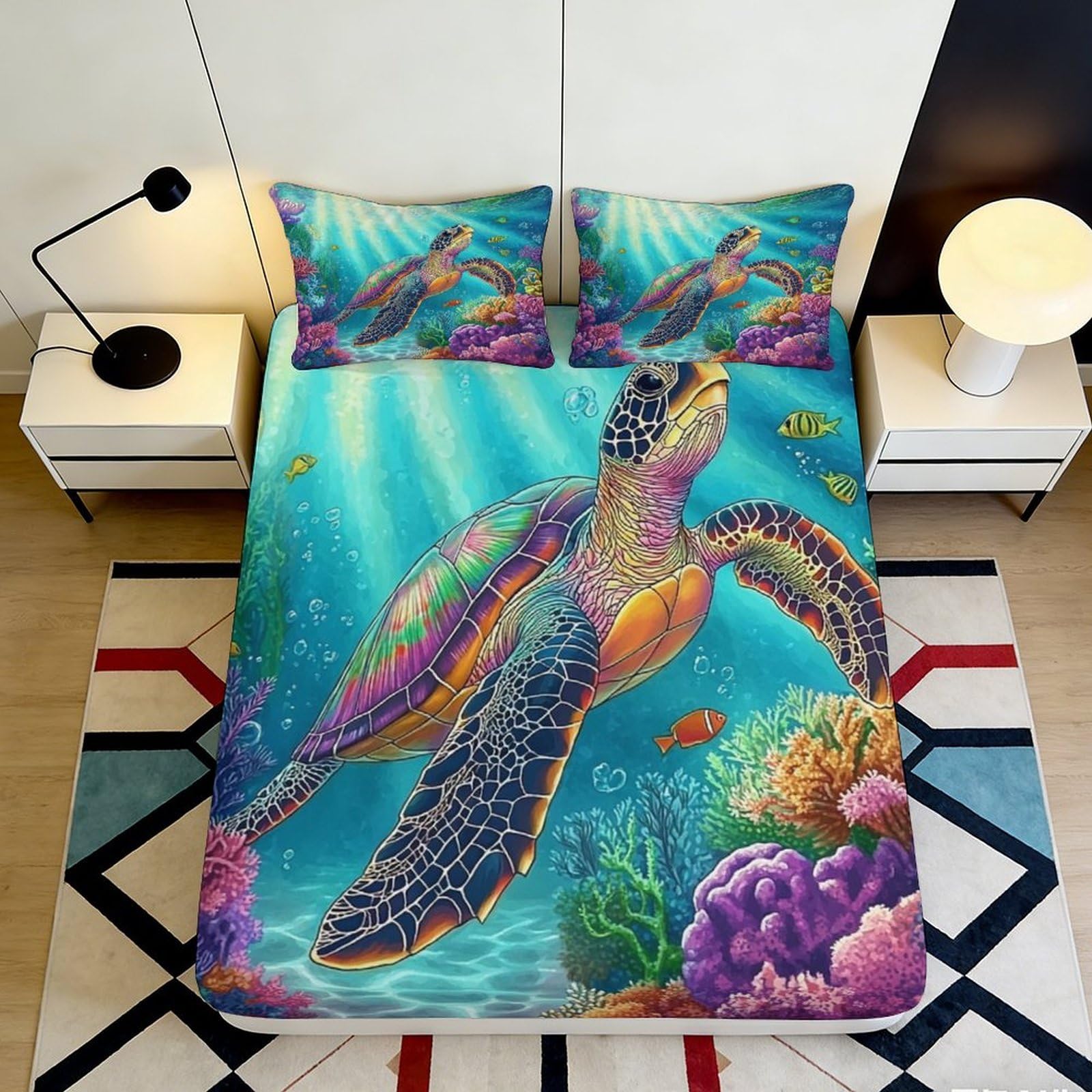 Jqzkxnhpbr Style-9 3D Printed Sea Turtle Fitted Sheet Microfiber Soft Colorful Ocean Coral Mattress Cover For Bedroom Home Decor 90X200x25cm