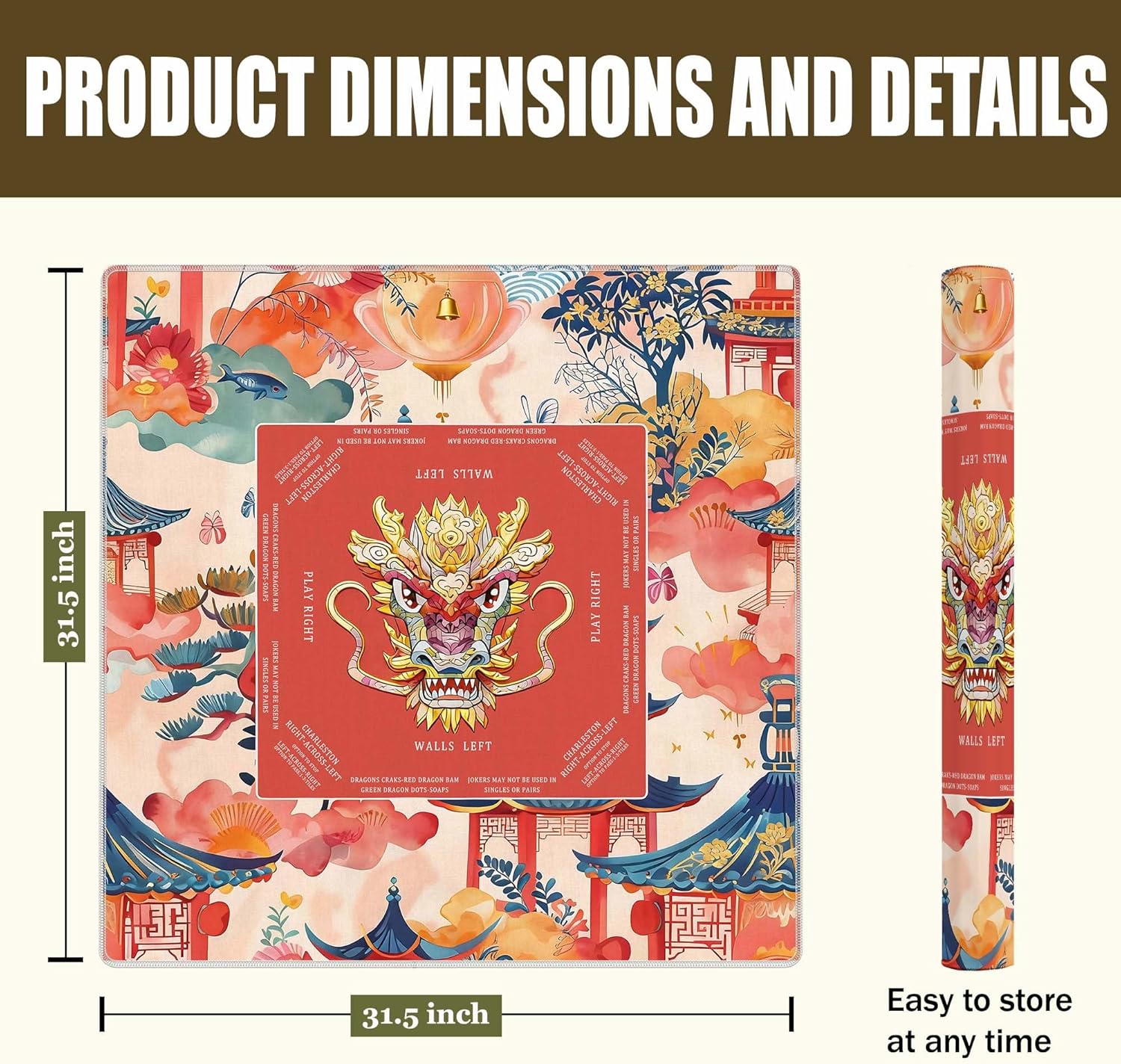 Chinese Dragon Mahjong Mat for Table 31.5 x 31.5 Inch, Traditional Red Oriental Chinoiserie Non-Slip Noise Reduction Mahjong Mat for Poker, Dominoes, Cards, Board & Tile Games