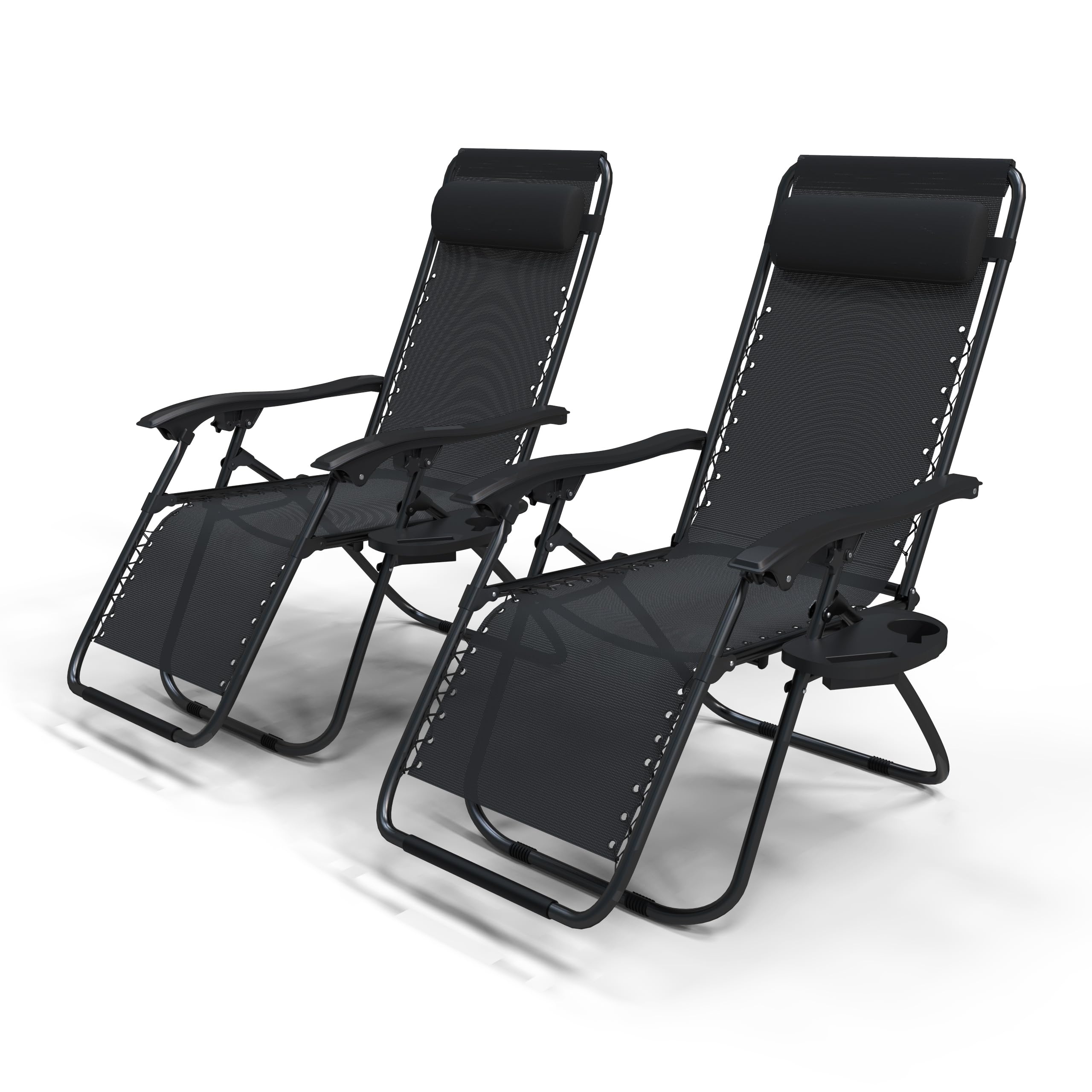 VOUNOT Zero Gravity Chair, Set of 2, Folding Sun Loungers, Recliner Garden Chairs, Outdoor Deck Chairs with Cup and Phone Holder, Black