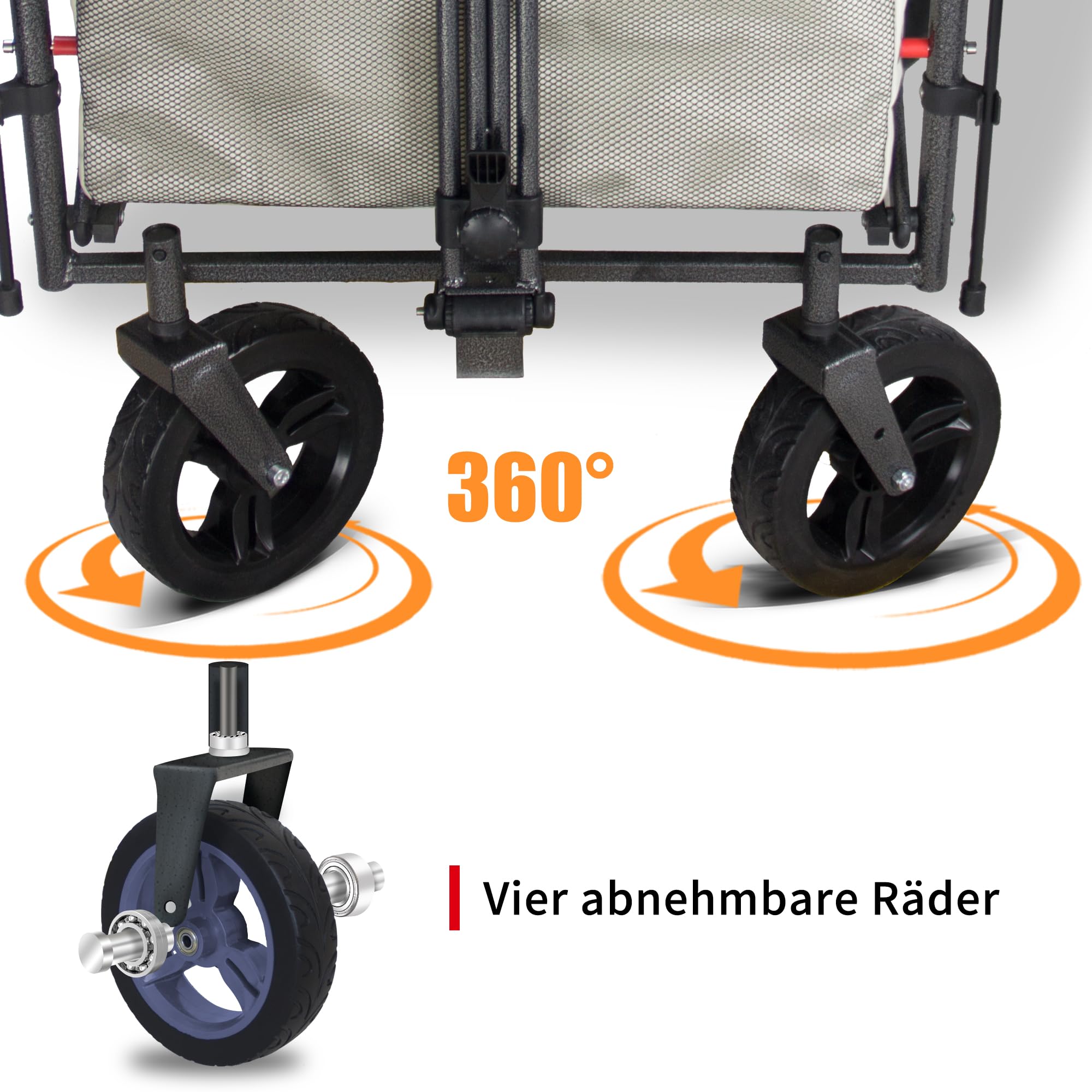 TMZ Bollerwagen Faltbar mit 2 Integrierte Klappsitze, Handwagen mit Bremsen und Dach, Klappbar Transportwagen, Tragfähigkeit 120 kg für Alle Gelände Camping Strand Einkaufen(Beige)