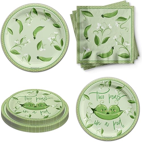 Two Peas in a Pod Twins - Juego de vajilla para fiesta de baby shower, incluye platos, servilletas | Kit para 24