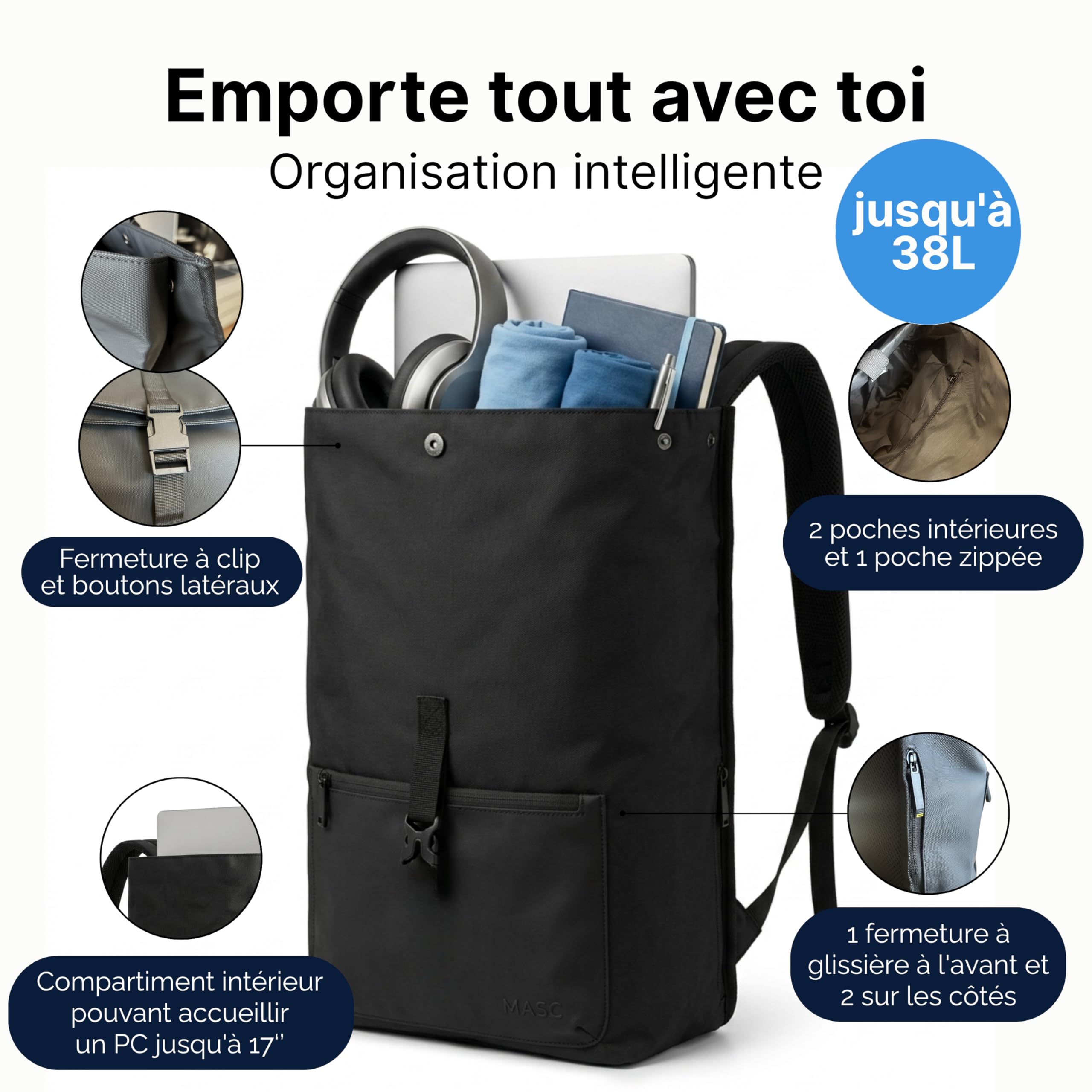 MASC Sac à dos Rolltop Business, sac à dos urbain élégant porte-PC 17 pouces, extensible et idéal pour les voyages, le bureau et l'université