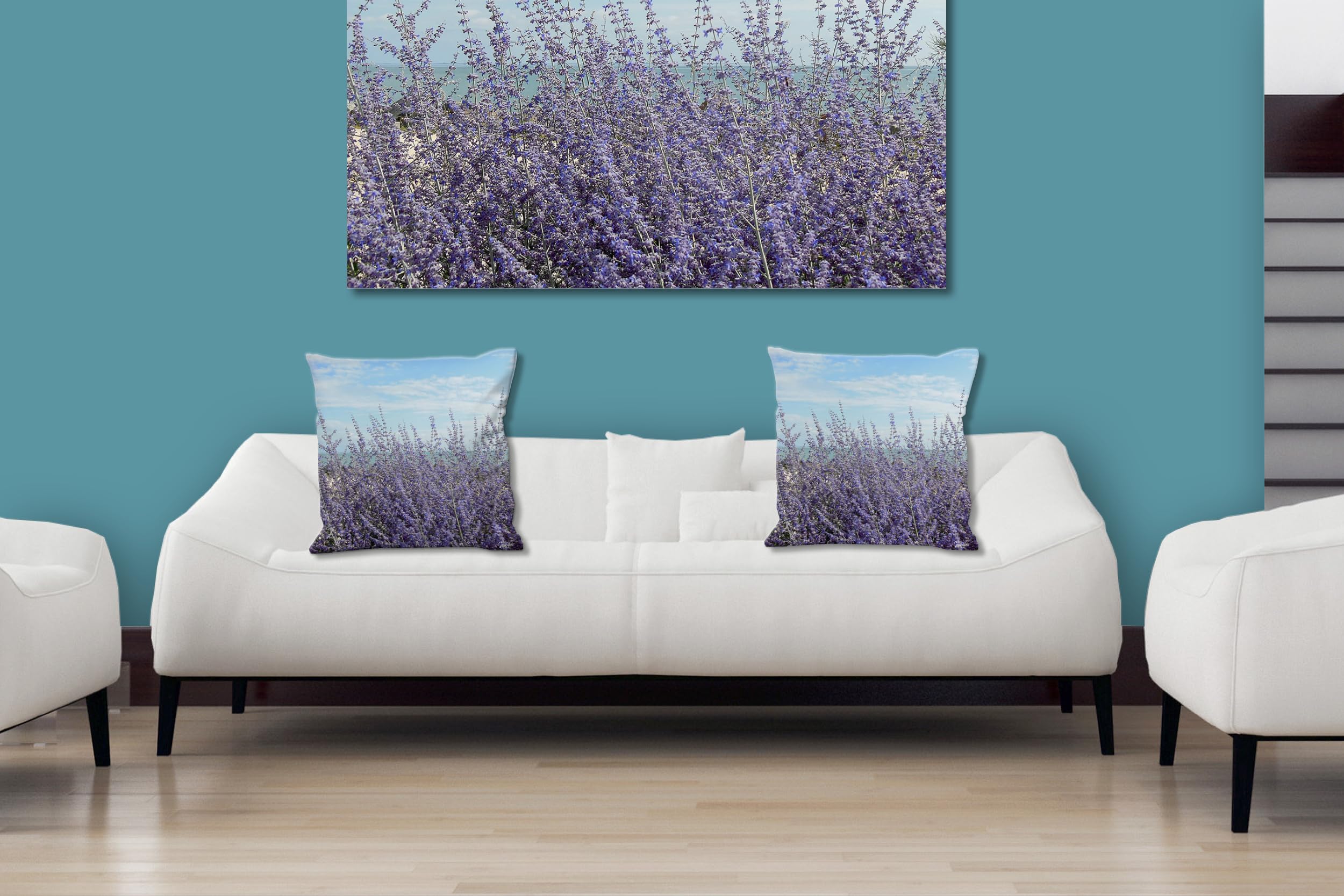 Lavendel - Foto-Kissen-Hülle Set (2 STK.) 40 x 40 cm | Kissen-Bezüge - passend zu Wandbild - Deko-Kissen - Küste Natur Garten lila